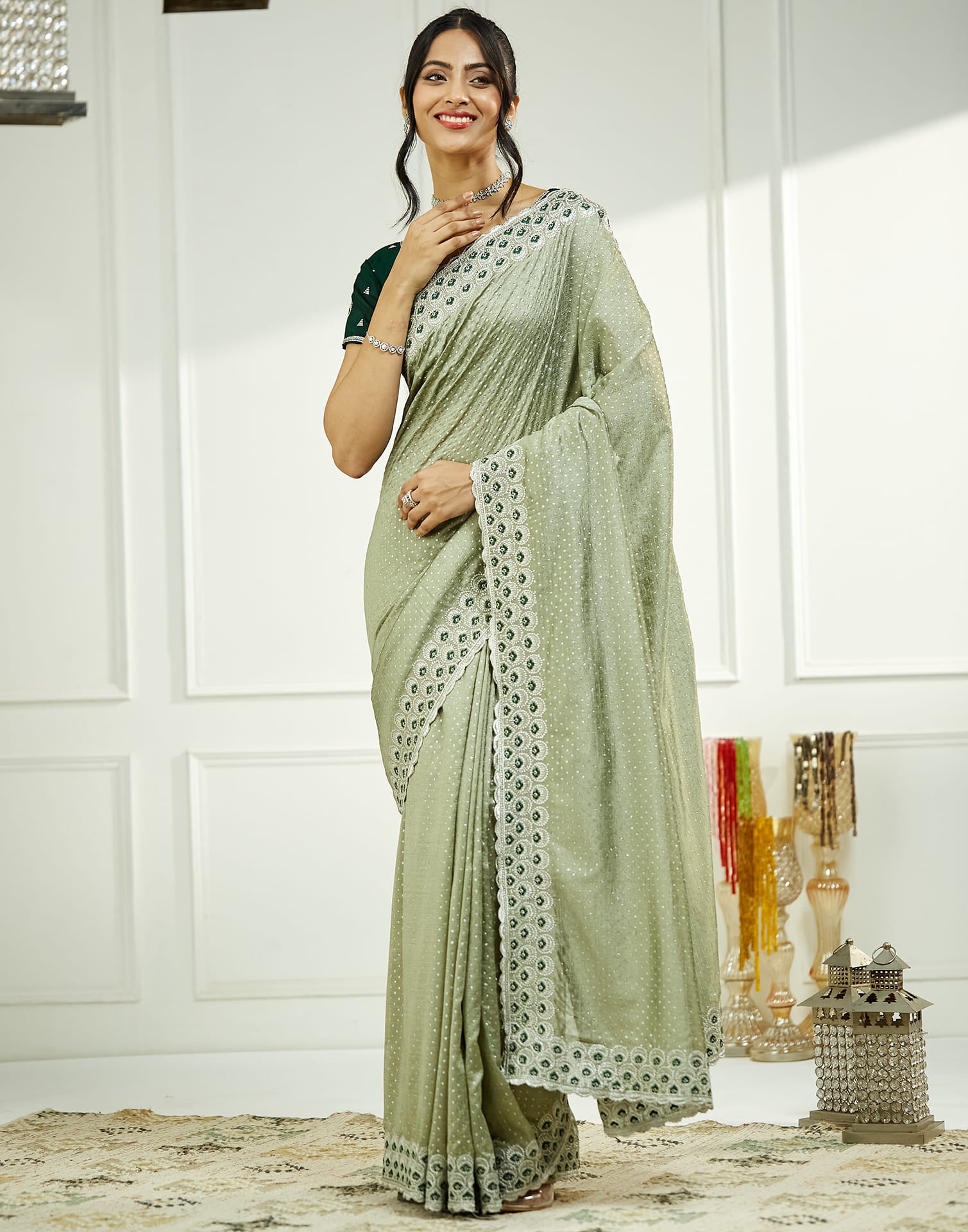 Light sage Green Silk Embroidery Embellished  Saree