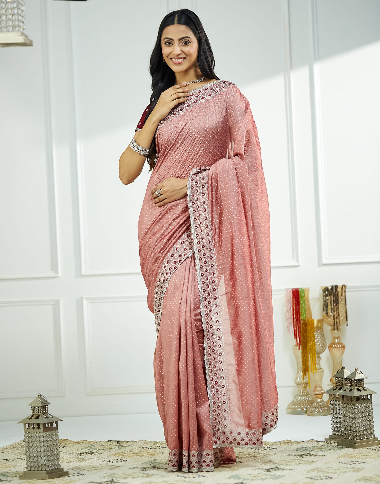 Dusty Pink Silk Embroidery Embellished  Saree