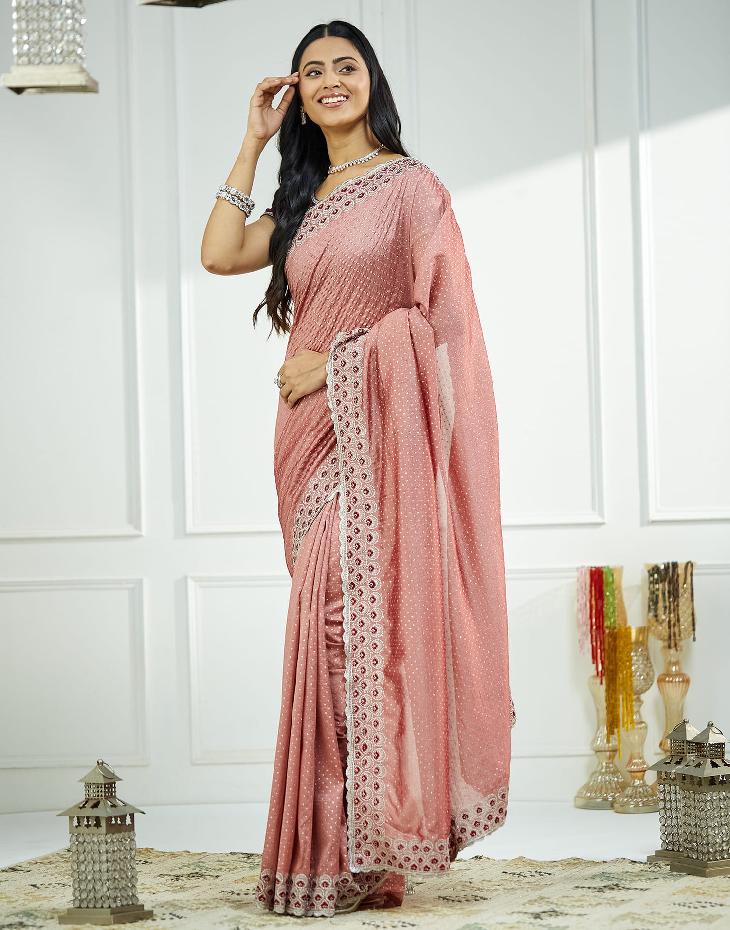 Dusty Pink Silk Embroidery Embellished  Saree