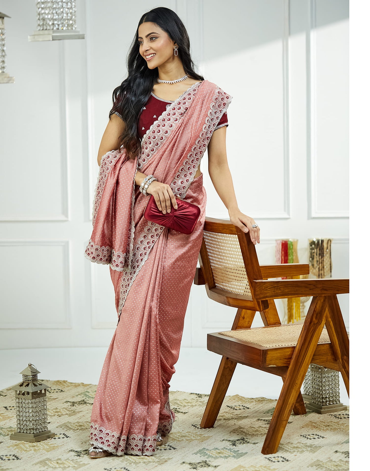 Dusty Pink Silk Embroidery Embellished  Saree