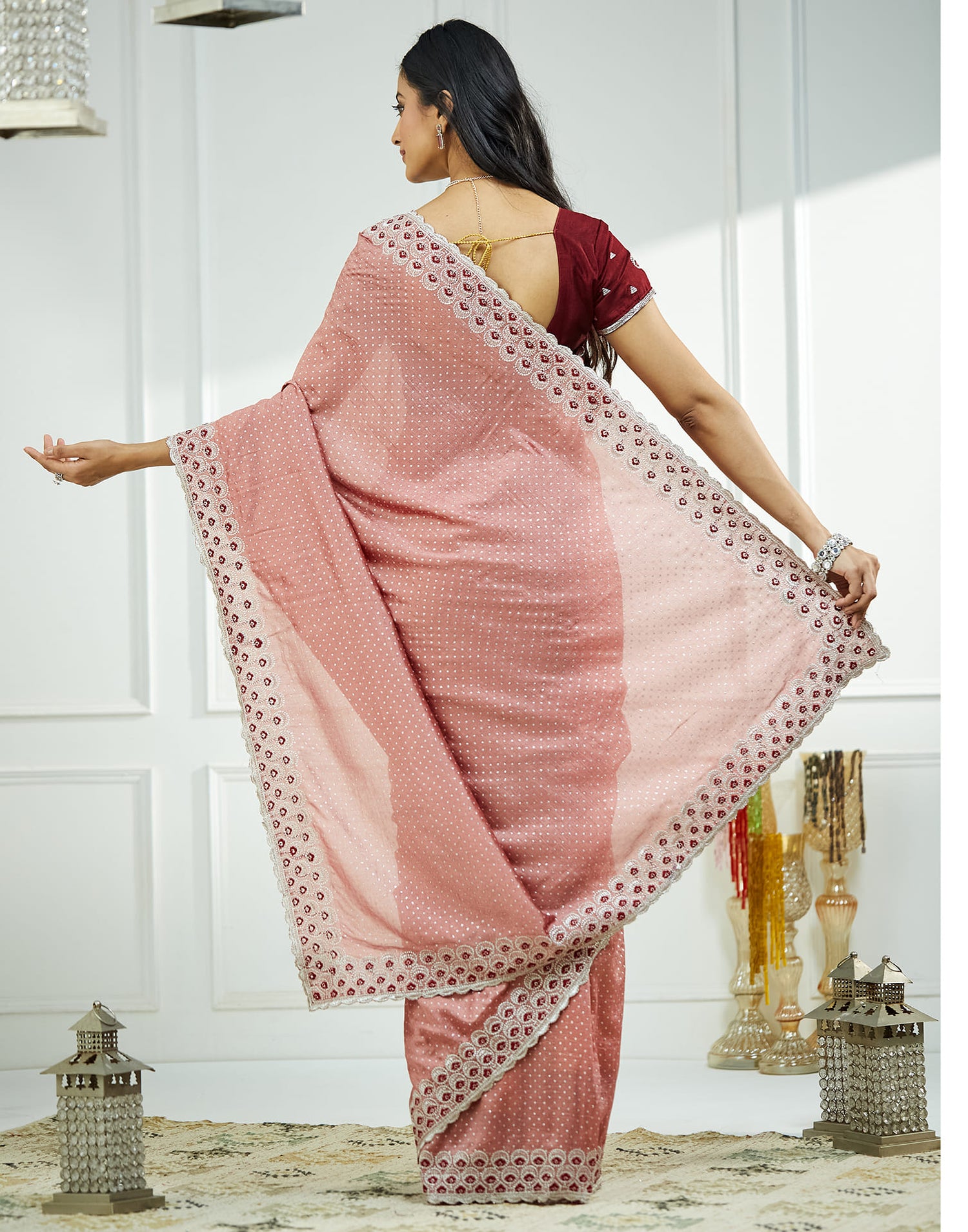 Dusty Pink Silk Embroidery Embellished  Saree