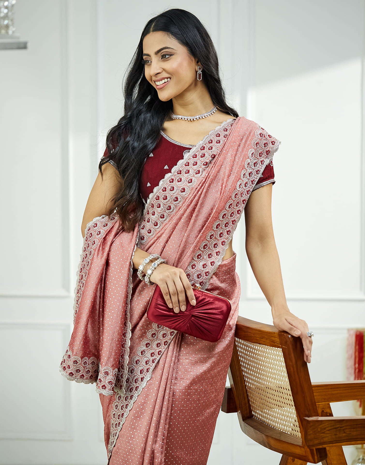 Dusty Pink Silk Embroidery Embellished  Saree