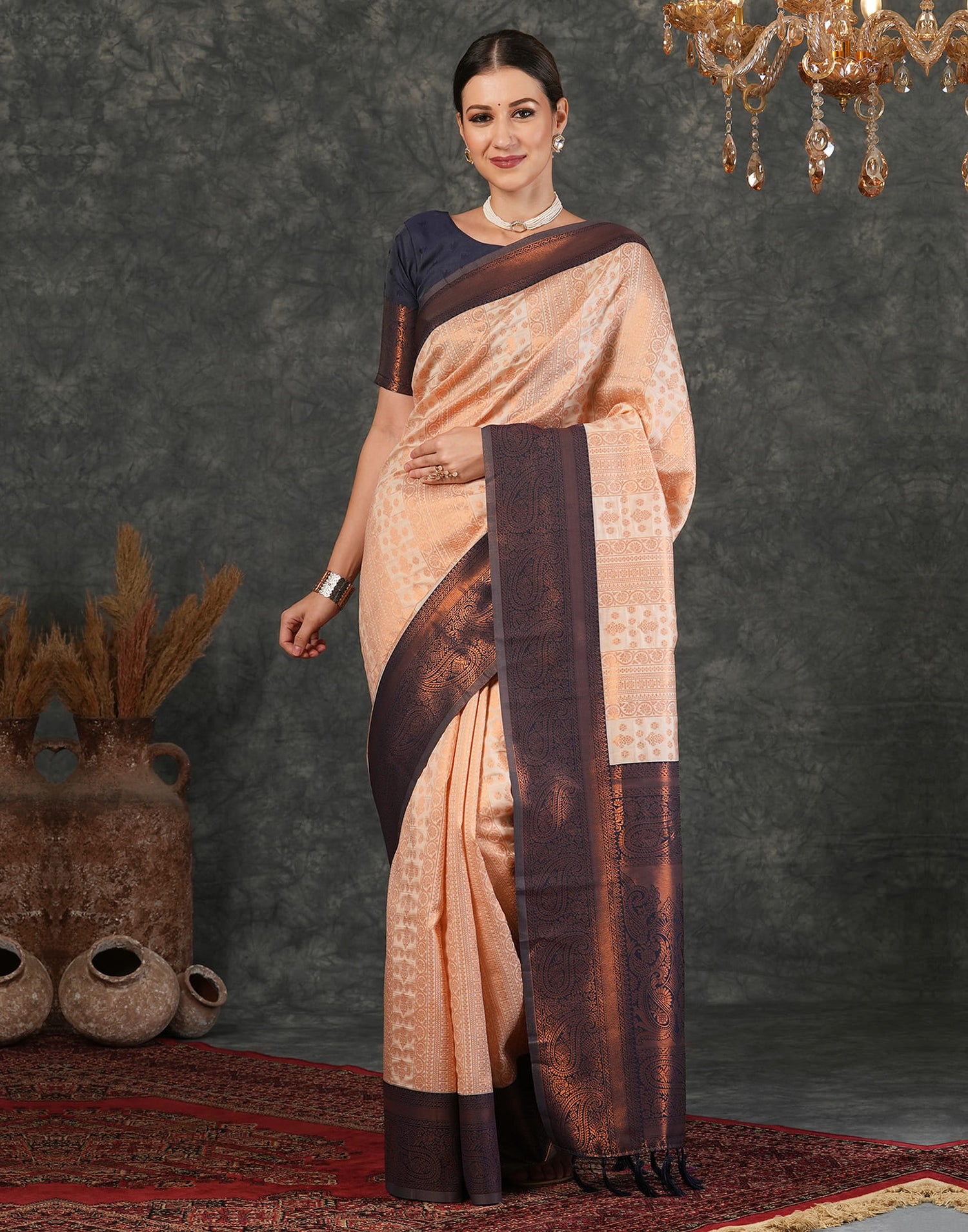 Cream Silk Woven Kanjivaram Saree