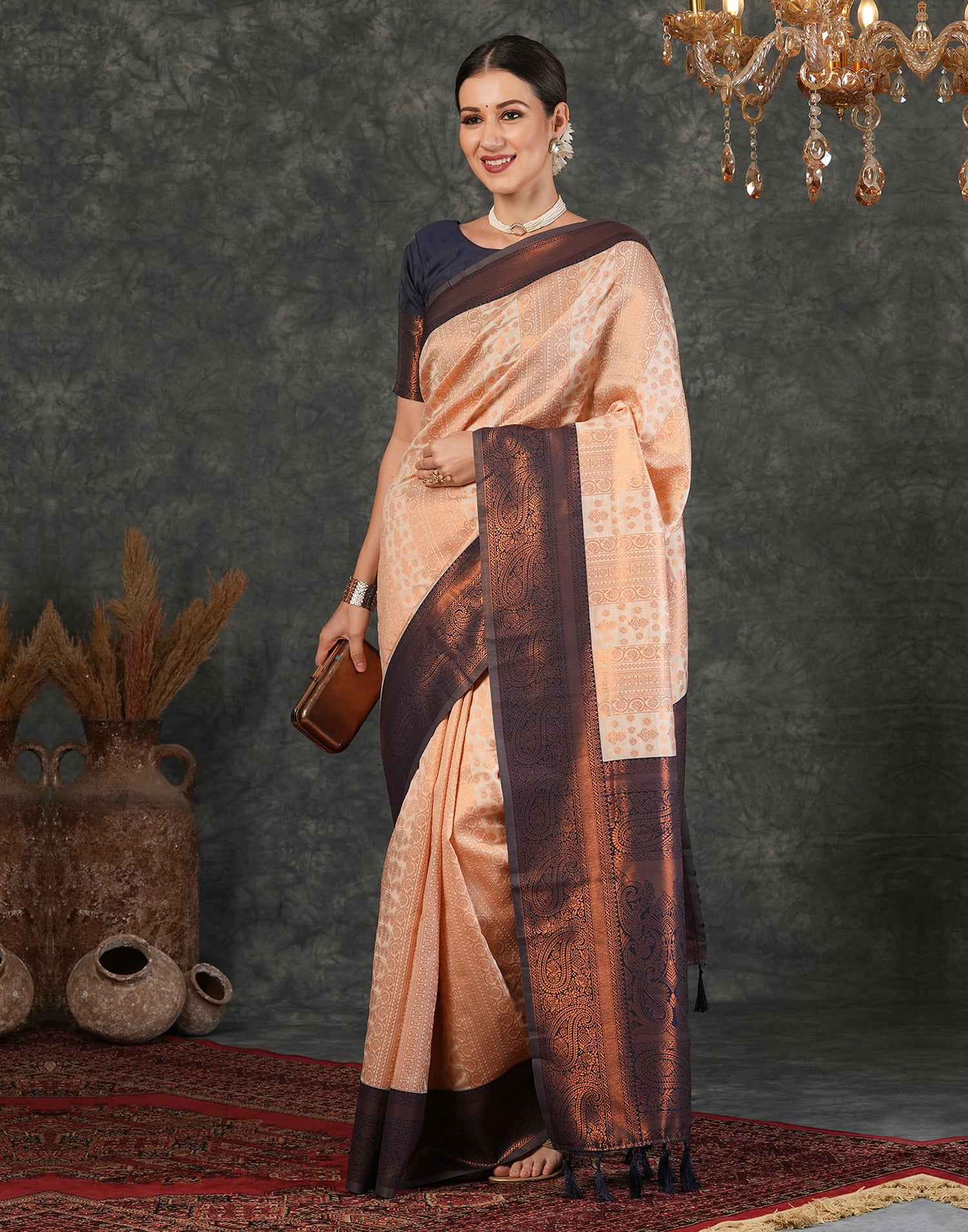 Cream Silk Woven Kanjivaram Saree