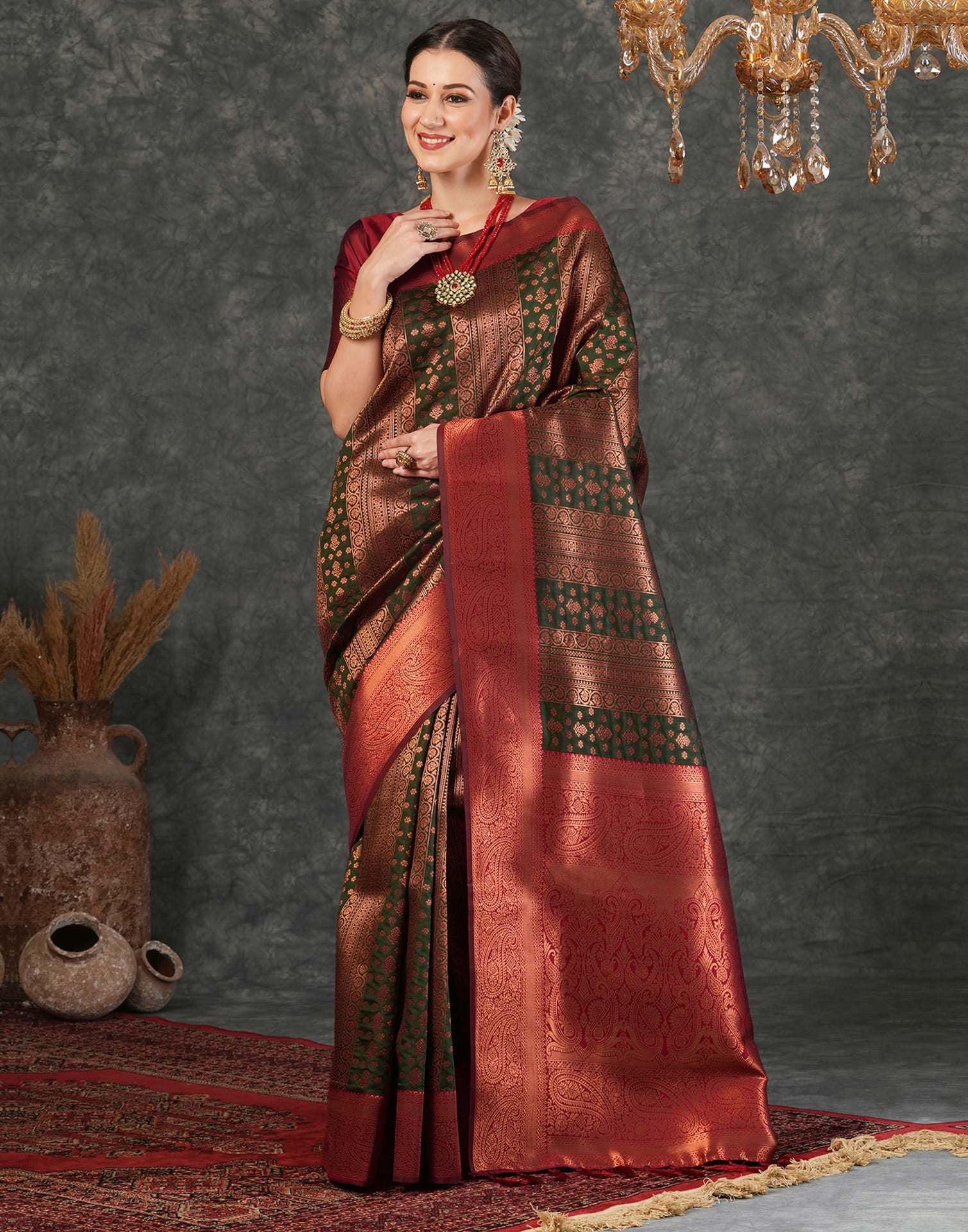 Dark Green Silk Woven Kanjivaram Saree