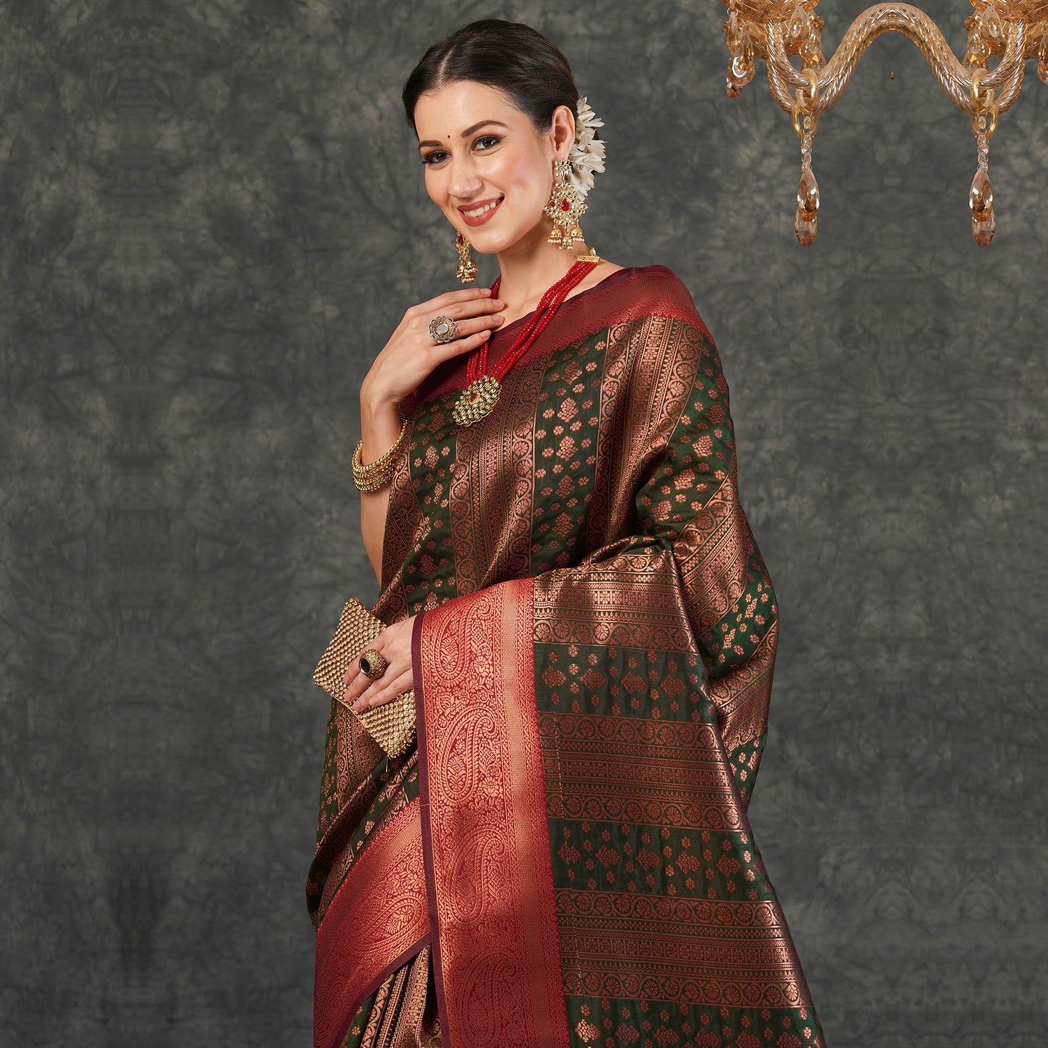 Dark Green Silk Woven Kanjivaram Saree