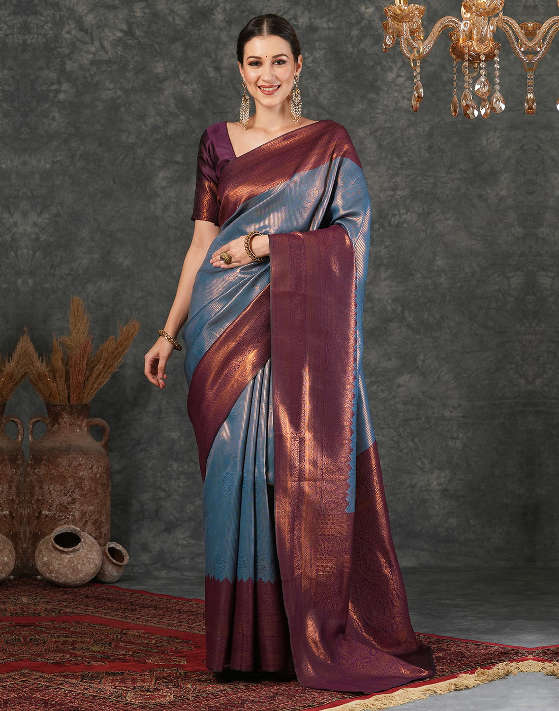 Teal Blue Silk Woven Kanjivaram Saree