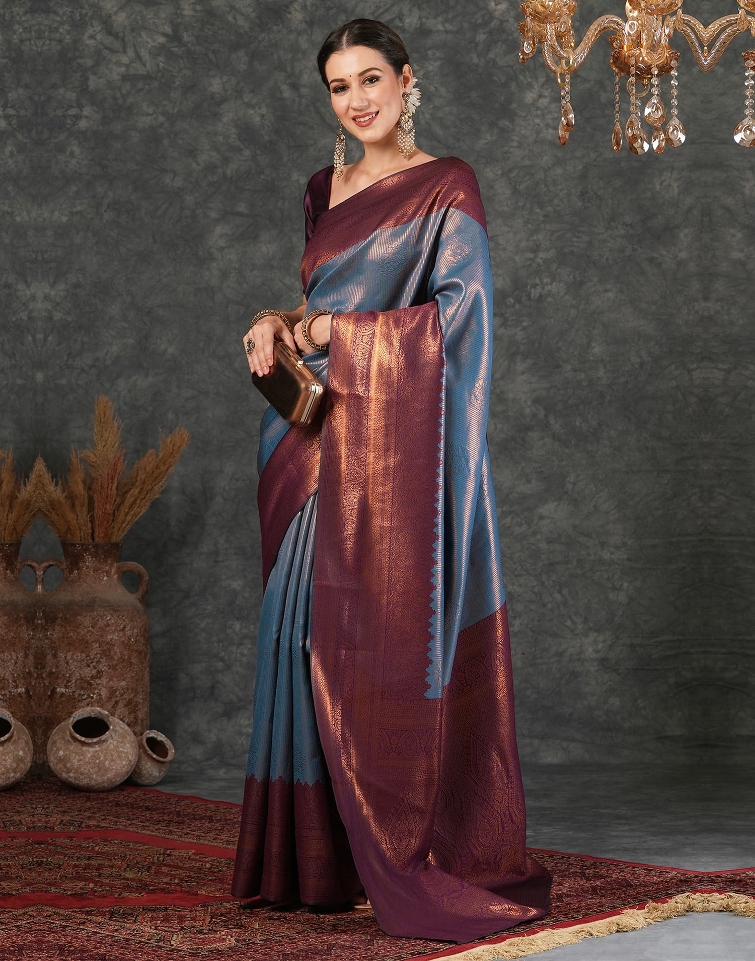 Teal Blue Silk Woven Kanjivaram Saree