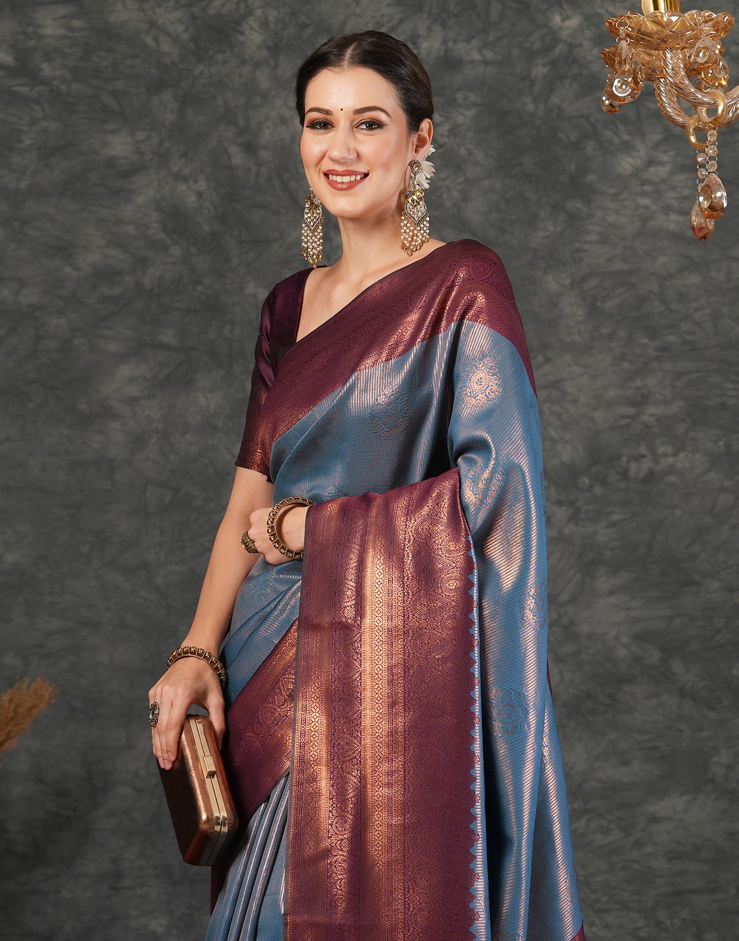 Teal Blue Silk Woven Kanjivaram Saree