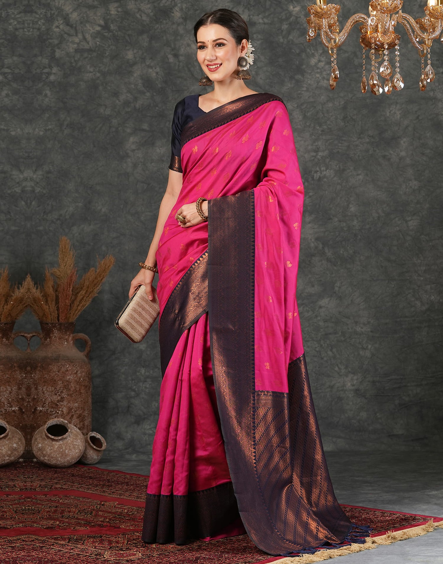 Bright Pink Silk Woven Kanjivaram Saree