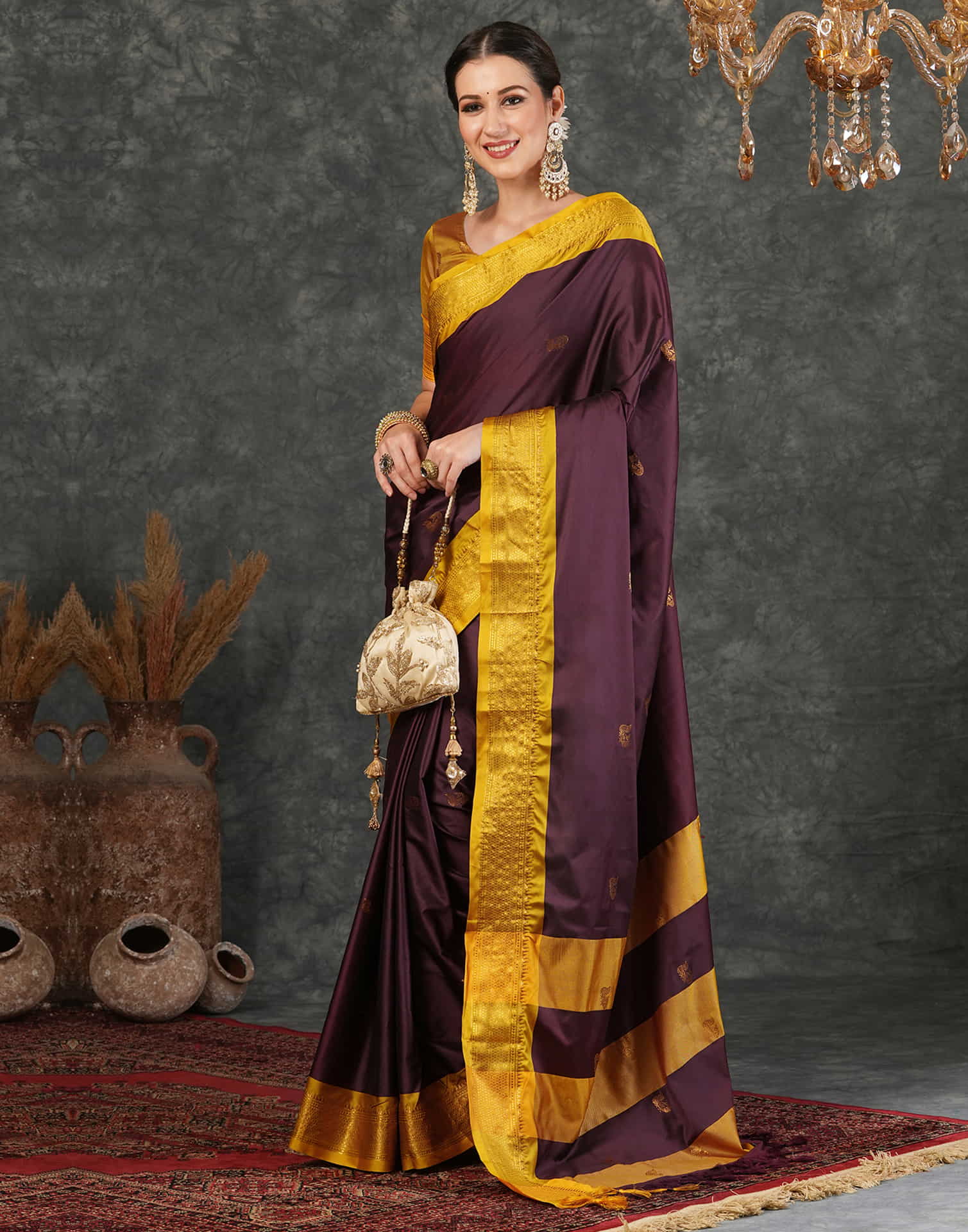 Dark Wine Silk Weaving Kanjivaram Saree