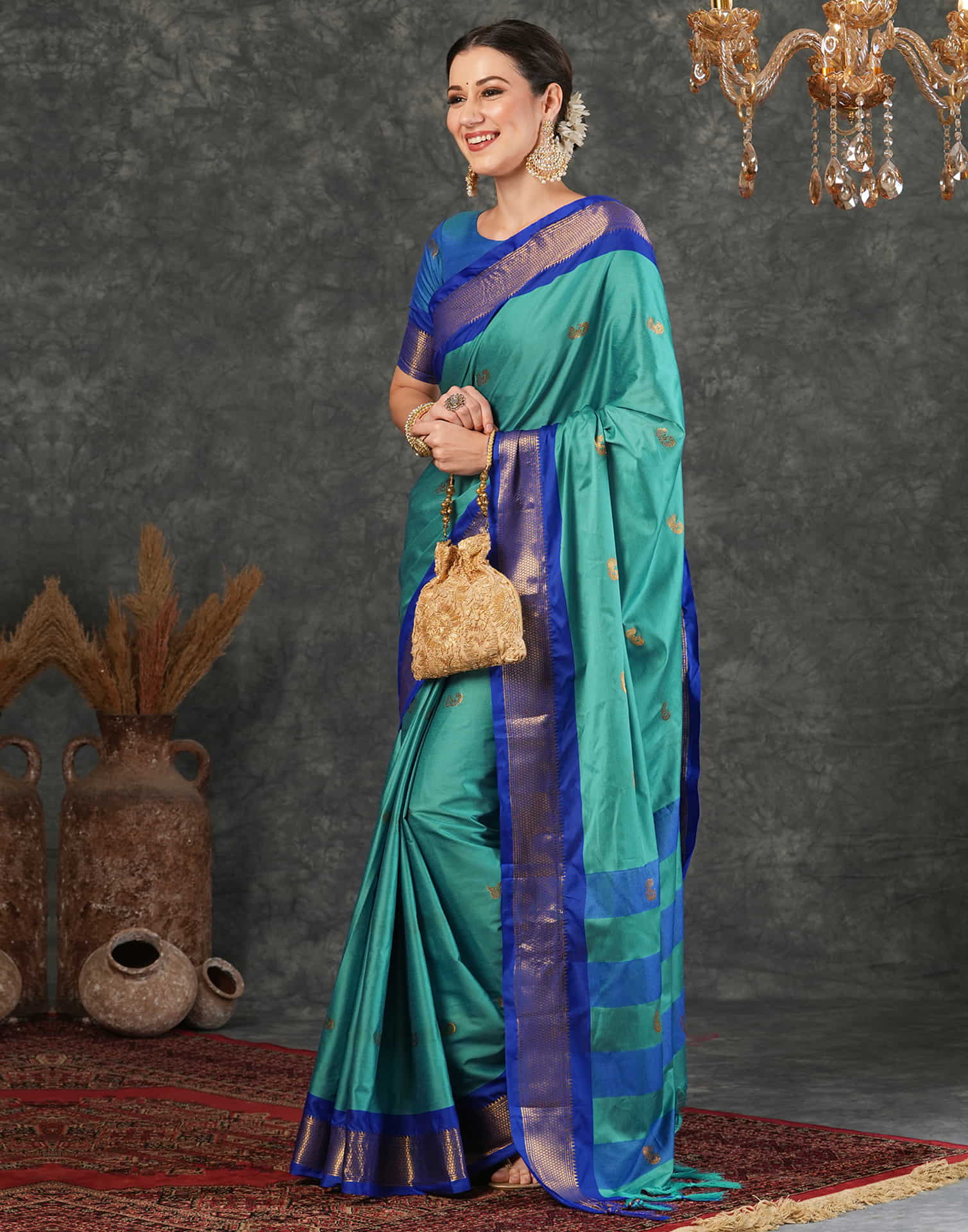 Turquoise Silk Weaving Kanjivaram Saree