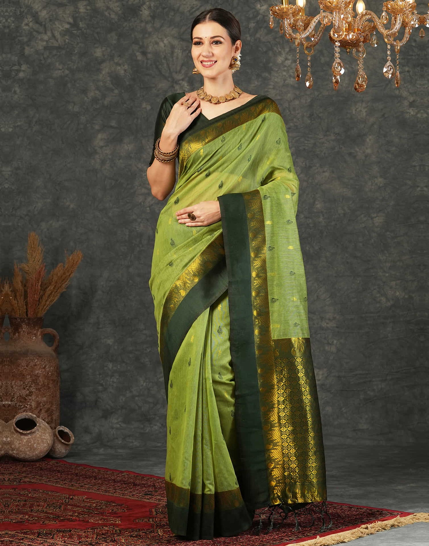 Pista Green Cotton Silk Weaving Kanjivaram Saree