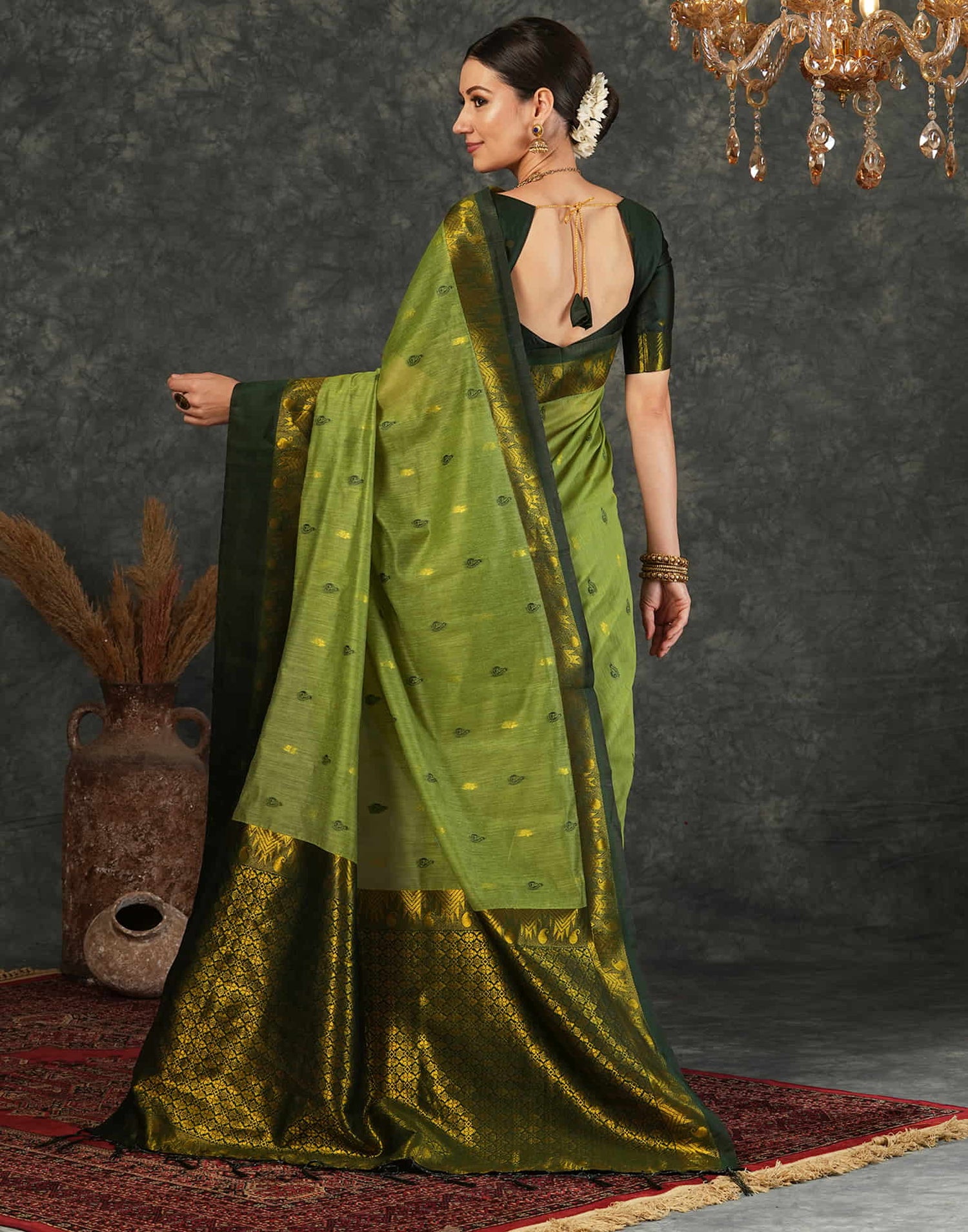 Pista Green Cotton Silk Weaving Kanjivaram Saree