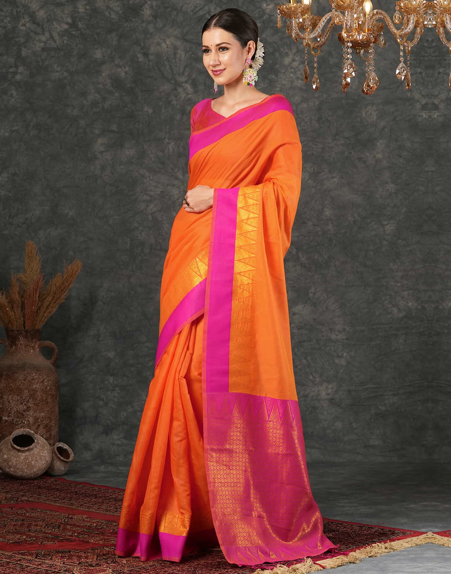 Orange Cotton Silk Weaving Kanjivaram Saree