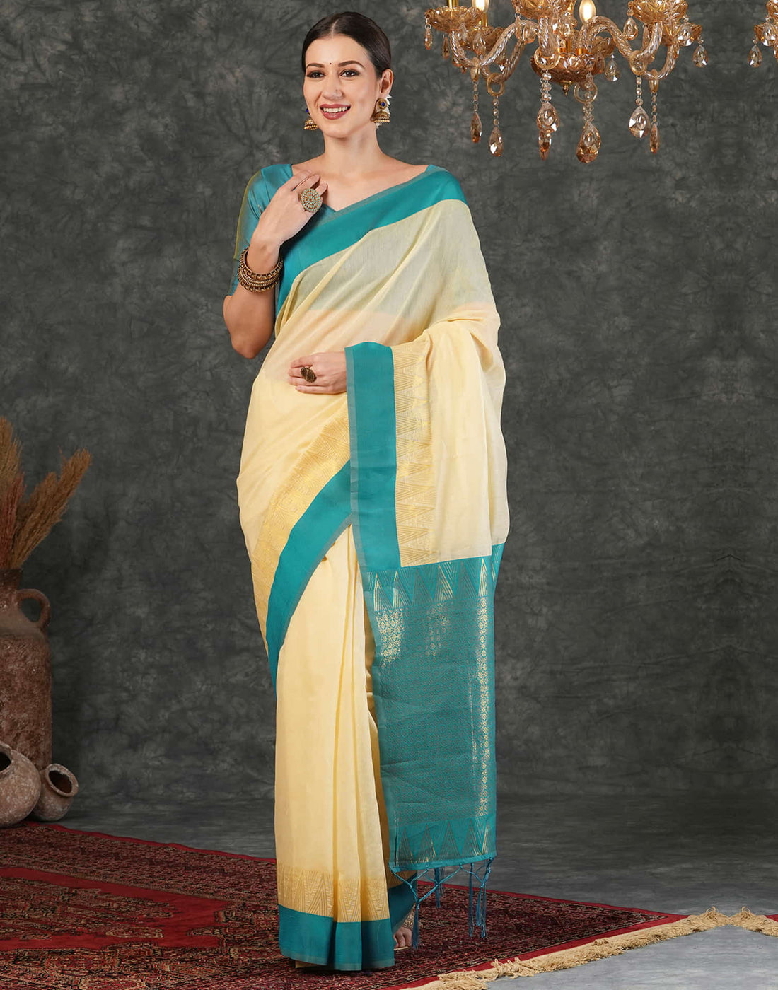 Beige Cotton Silk Woven Kanjivaram Saree