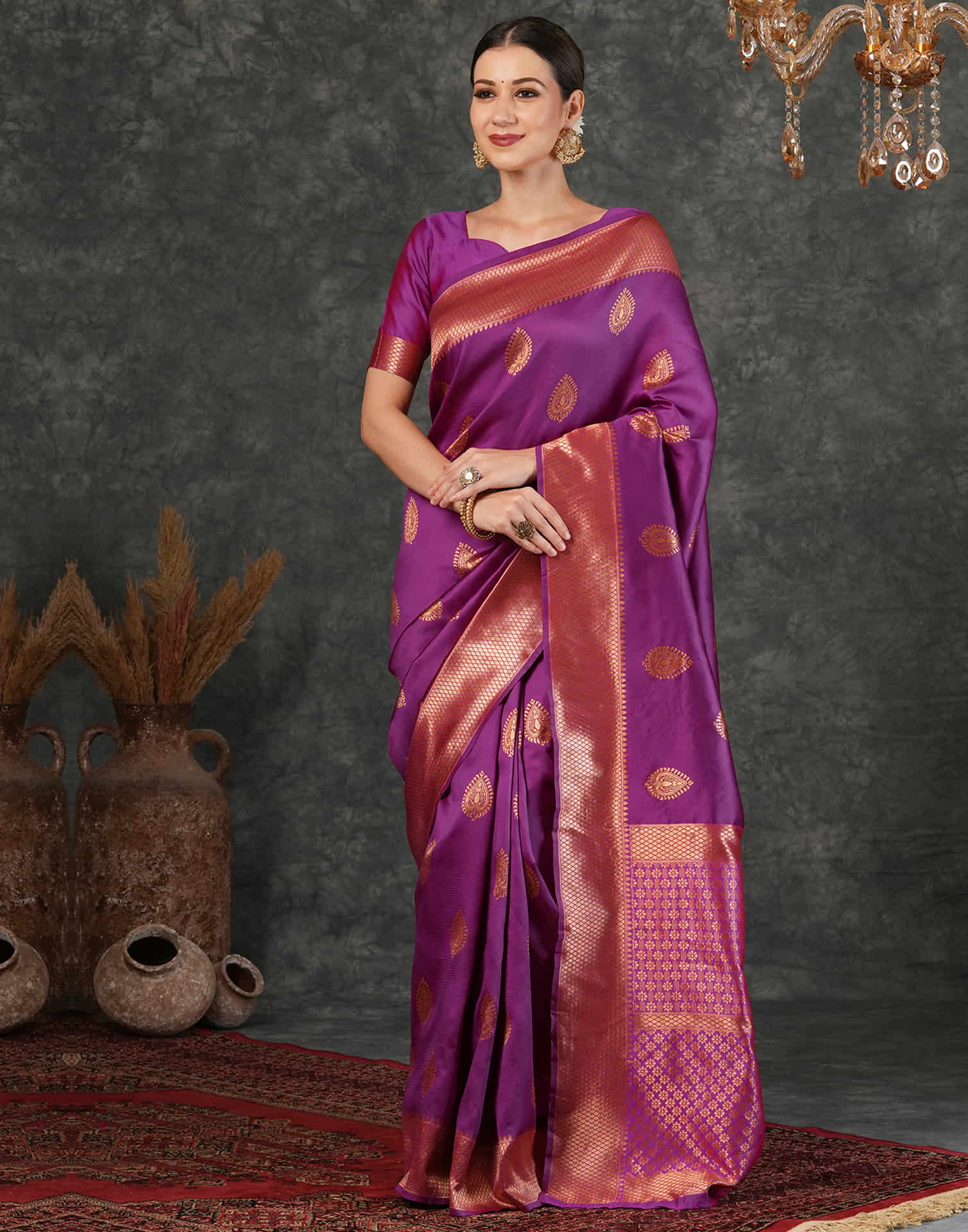 Wine Silk Weaving Kanjivaram Saree