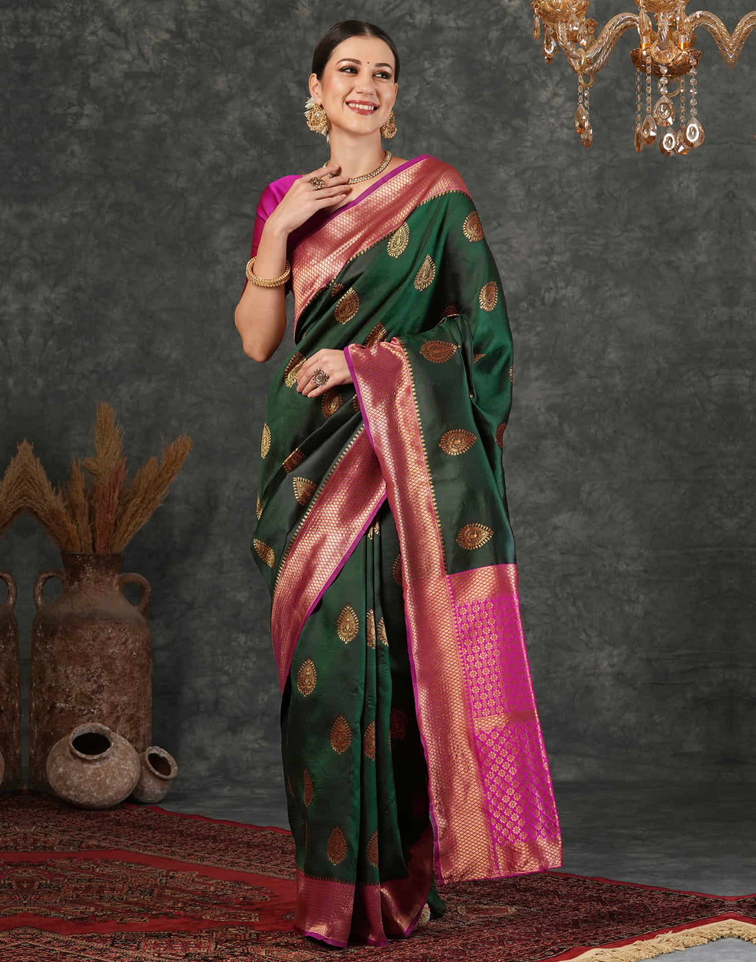 Dark Green Silk Weaving Kanjivaram Saree