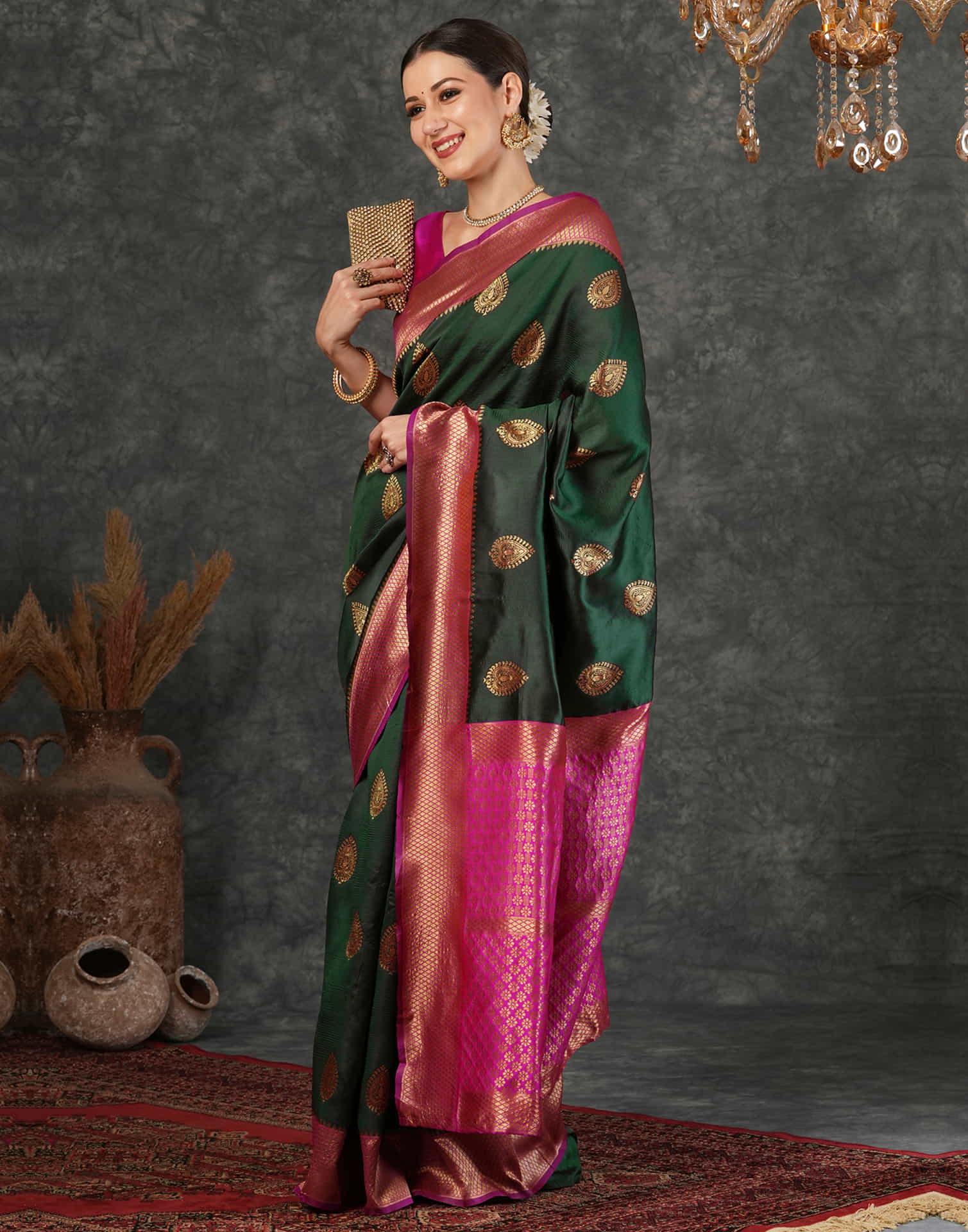 Dark Green Silk Weaving Kanjivaram Saree