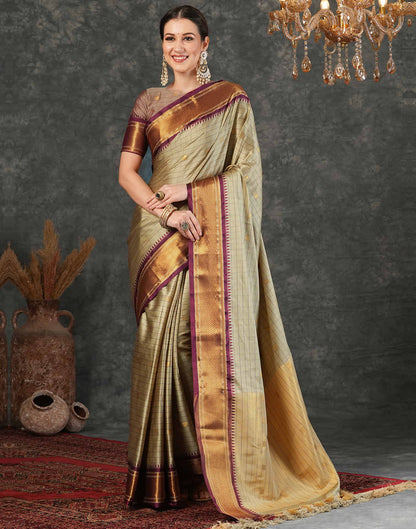 Beige Silk Weaving Kanjivaram Saree