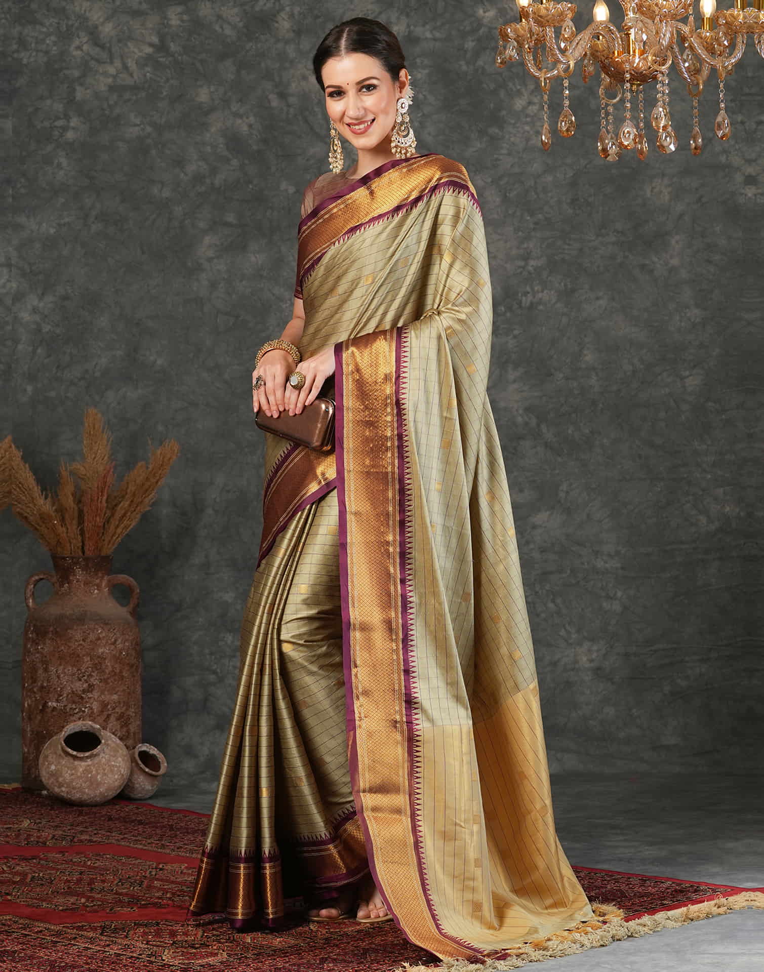 Beige Silk Weaving Kanjivaram Saree