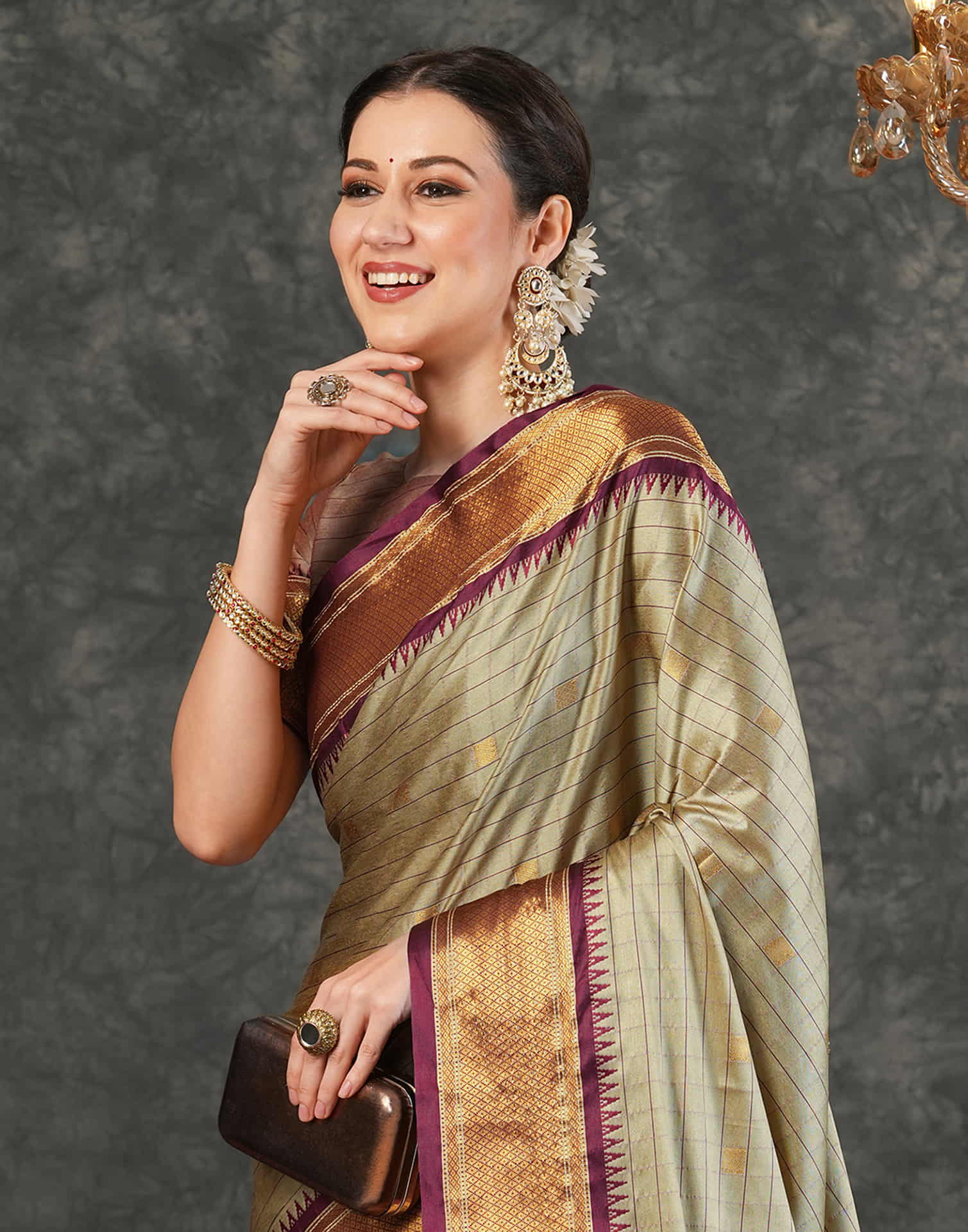 Beige Silk Weaving Kanjivaram Saree