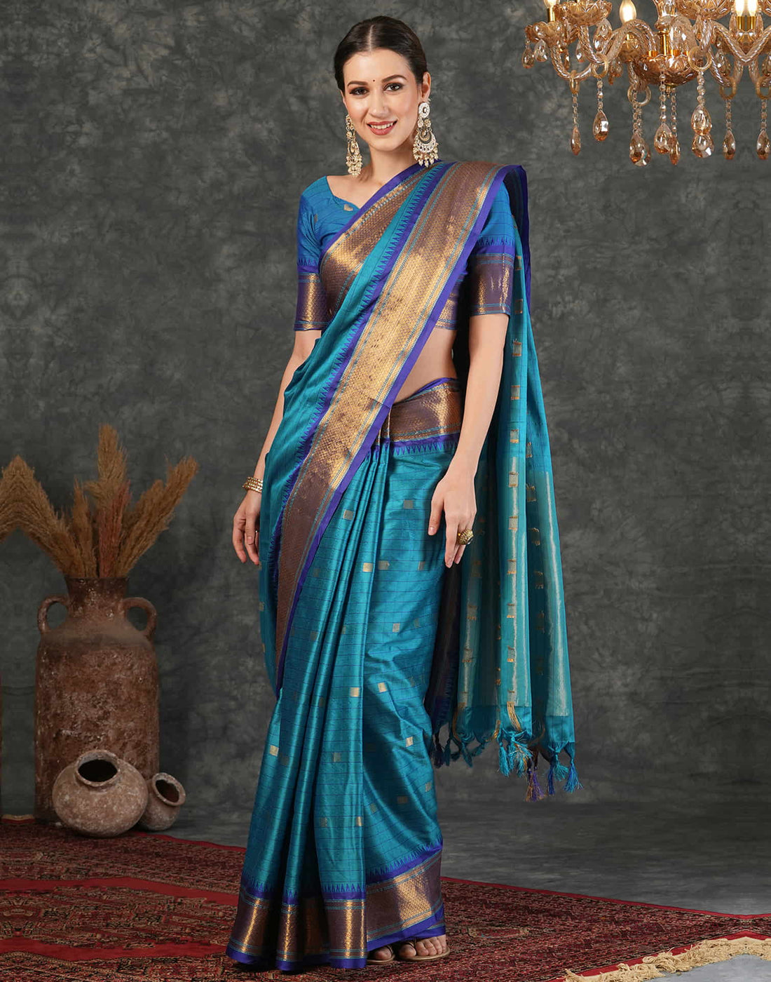 Teal Blue Silk Weaving Kanjivaram Saree