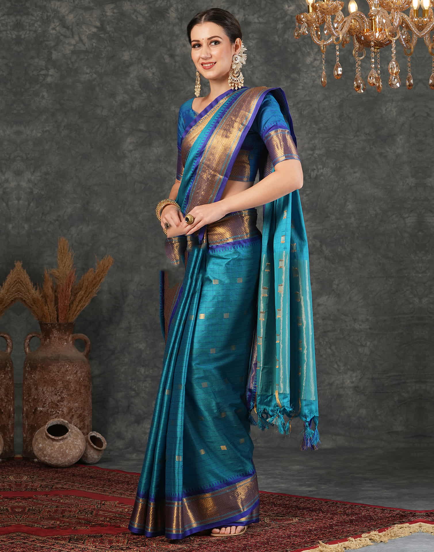 Teal Blue Silk Weaving Kanjivaram Saree