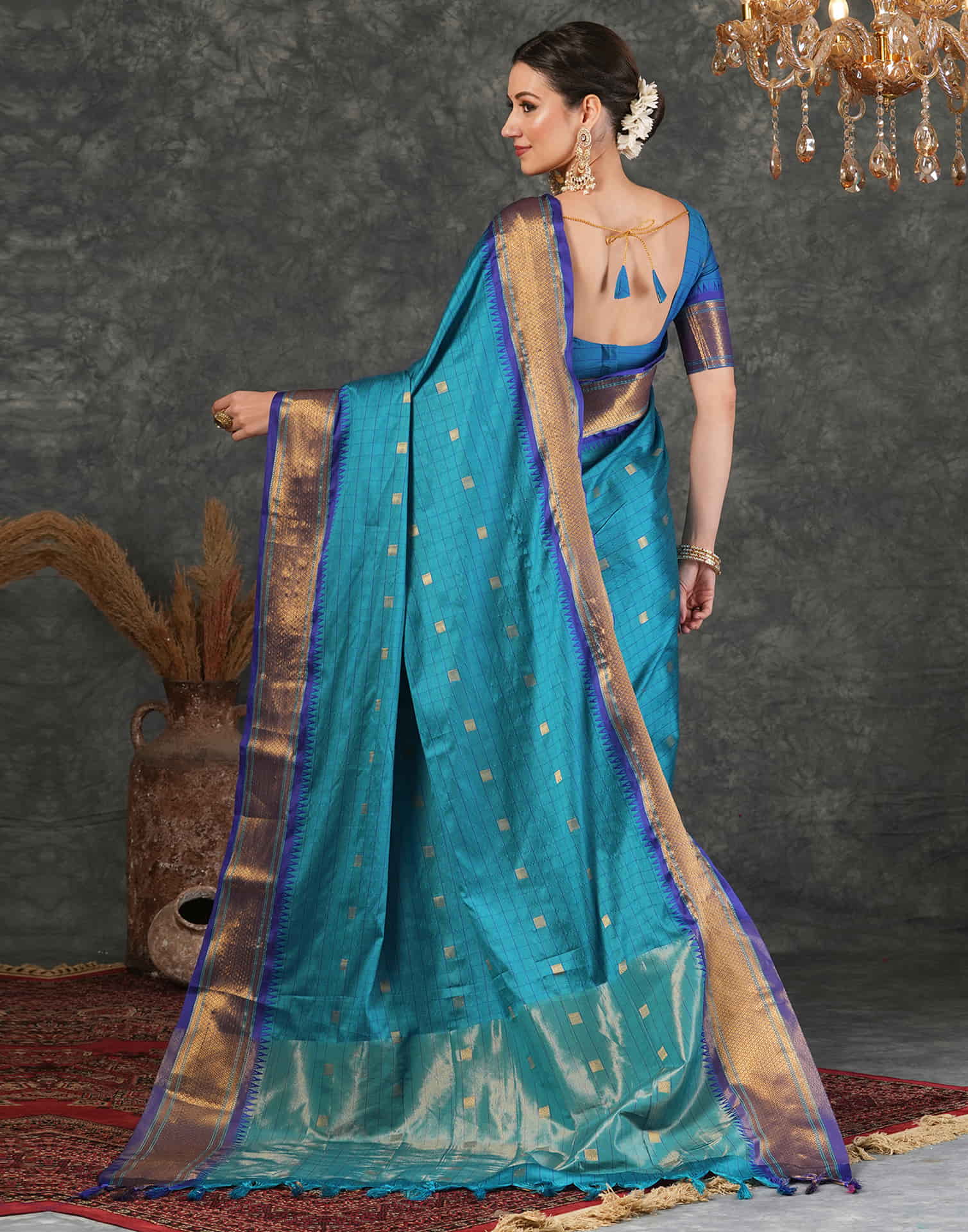 Teal Blue Silk Weaving Kanjivaram Saree