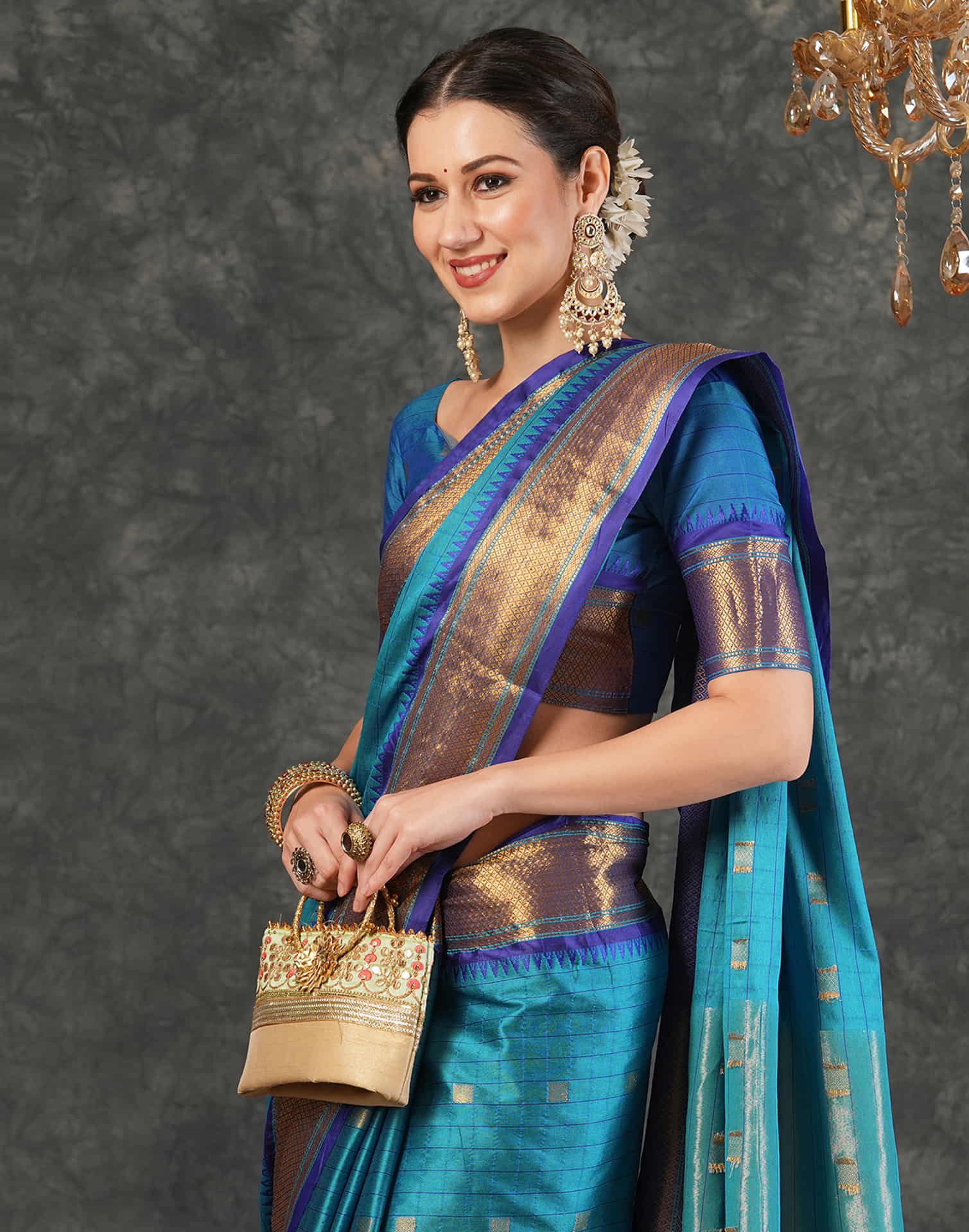 Teal Blue Silk Weaving Kanjivaram Saree