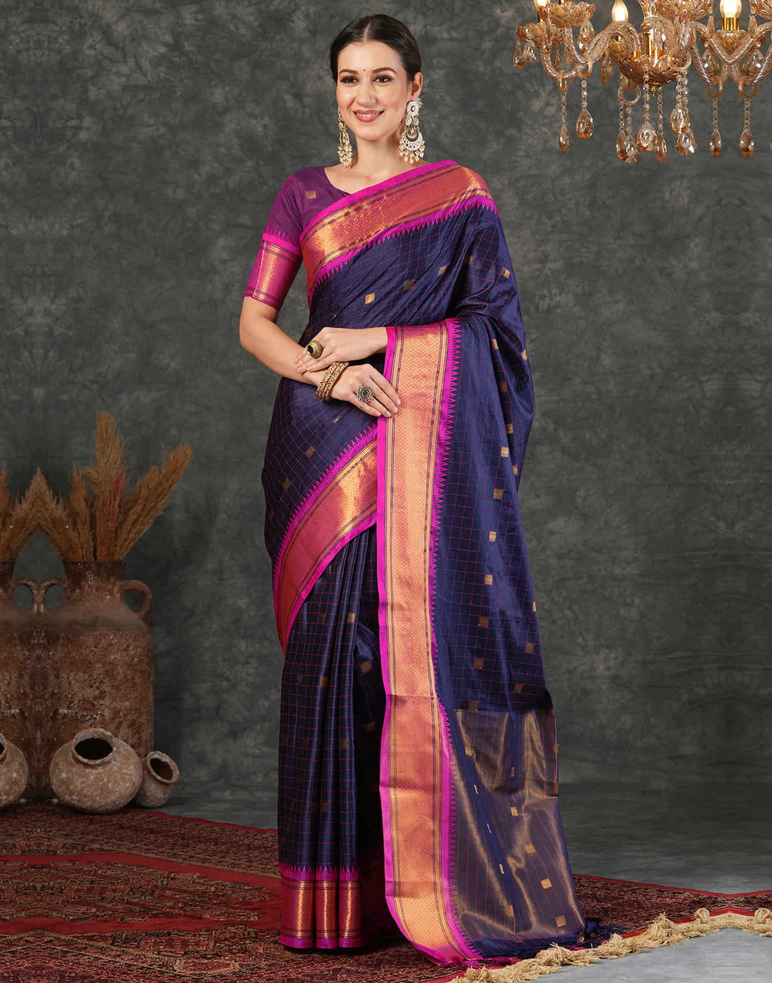 Navy Blue Silk Weaving Kanjivaram Saree