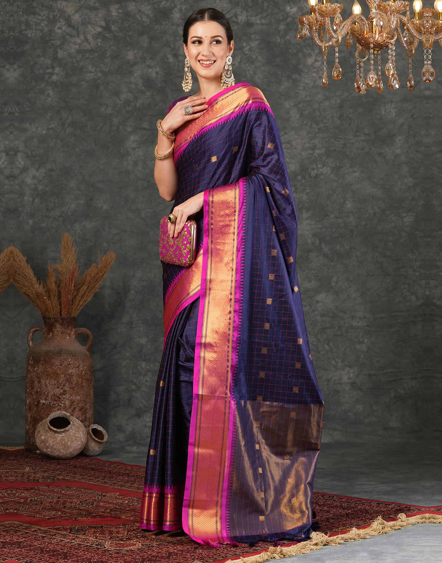 Navy Blue Silk Weaving Kanjivaram Saree