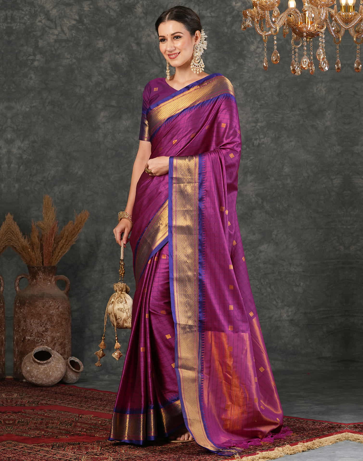 Dark Pink Silk Weaving Kanjivaram Saree