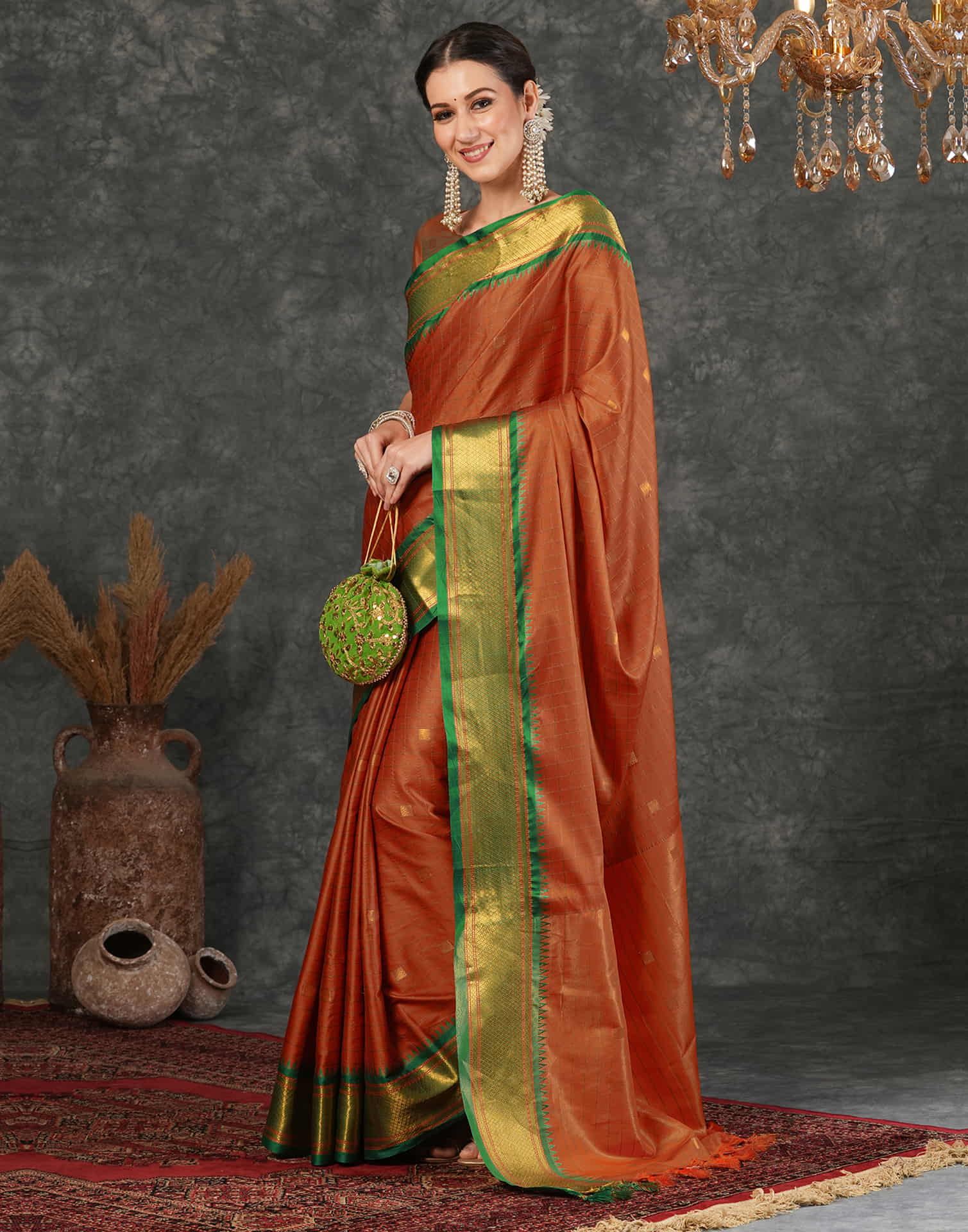 Orange Silk Weaving Kanjivaram Saree