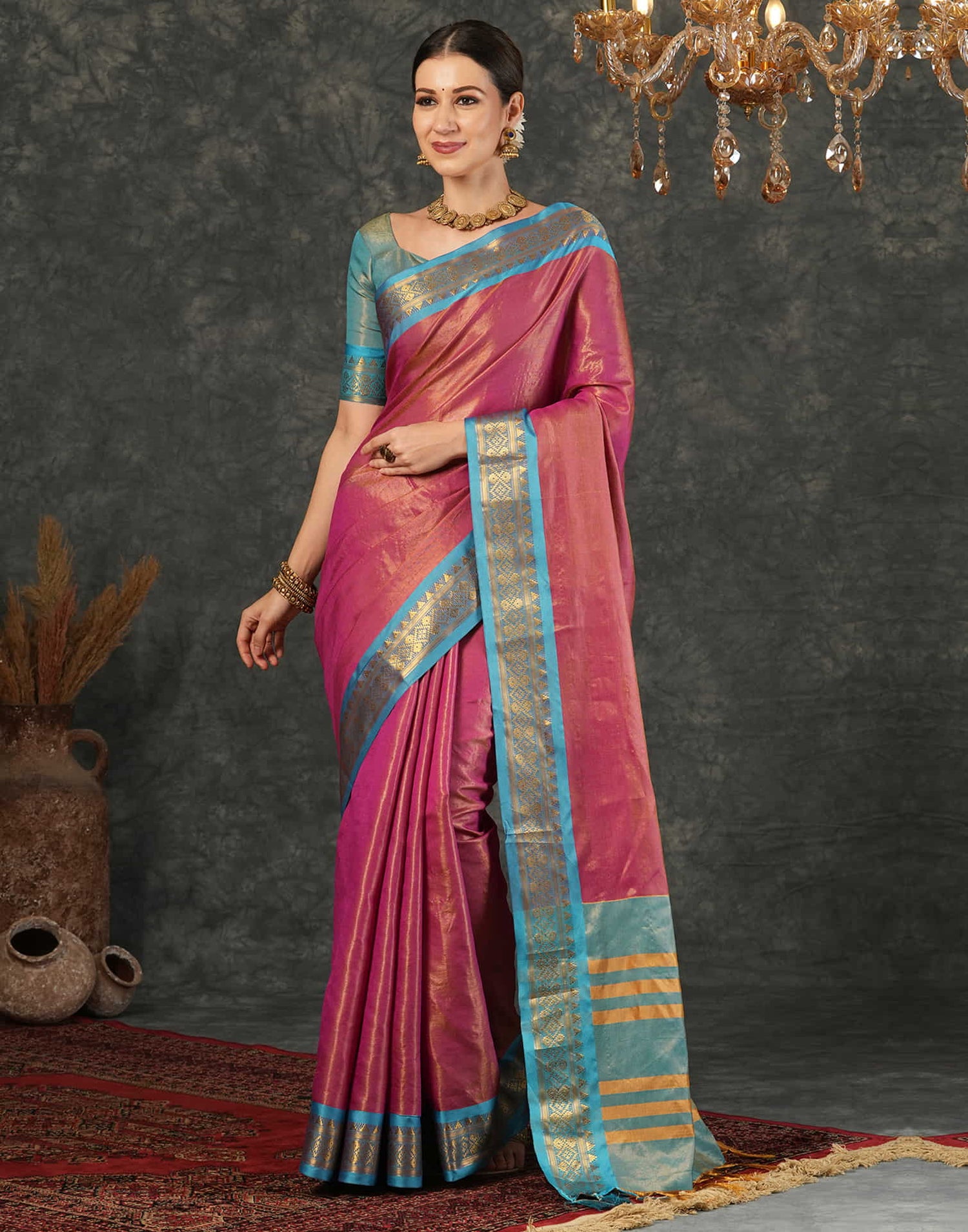 Dark Pink Silk Weaving Kanjivaram Saree