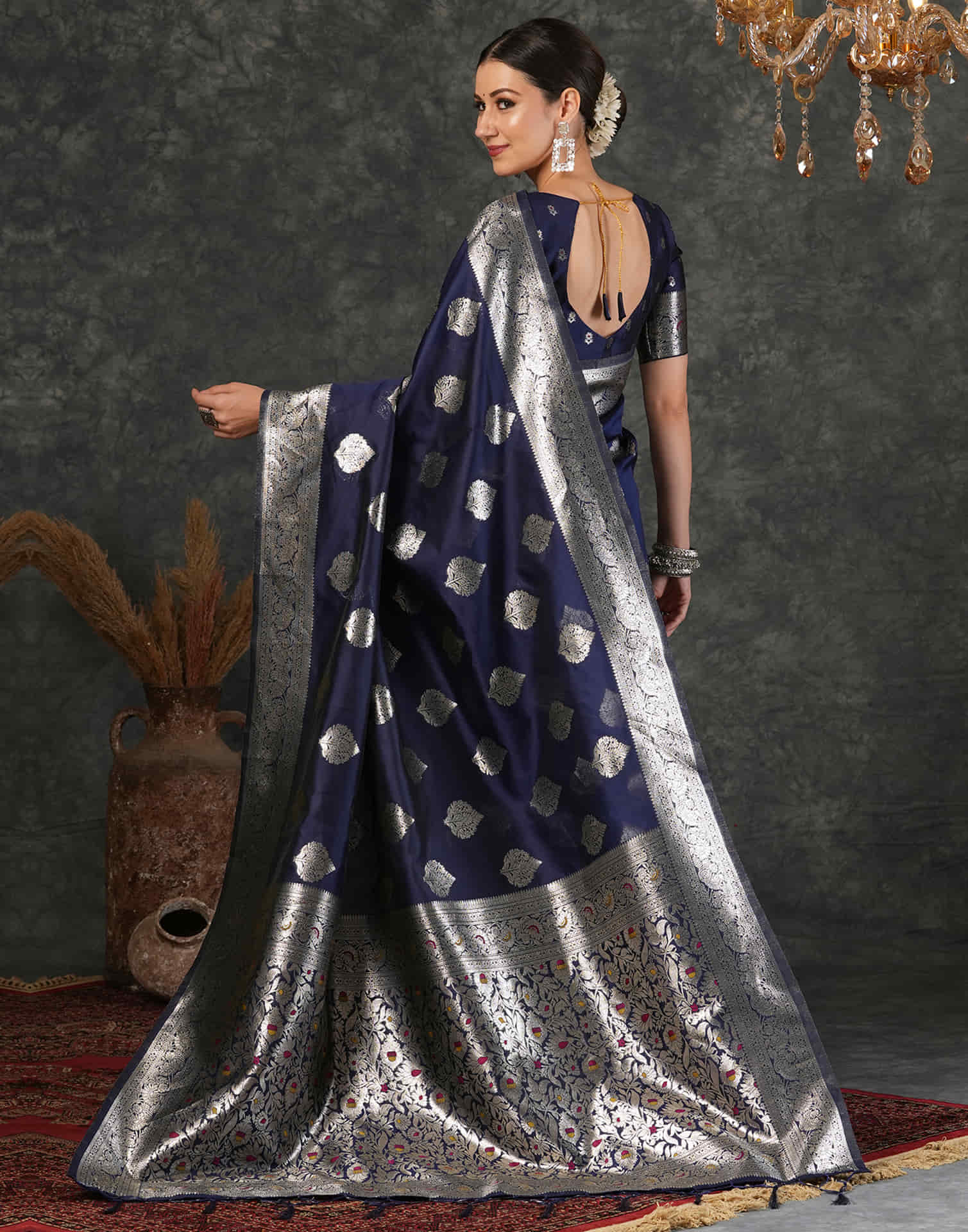 Navy Blue Silk Woven Banarasi Saree