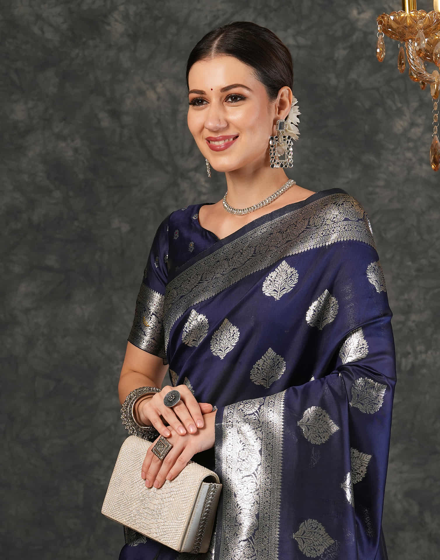 Navy Blue Silk Woven Banarasi Saree