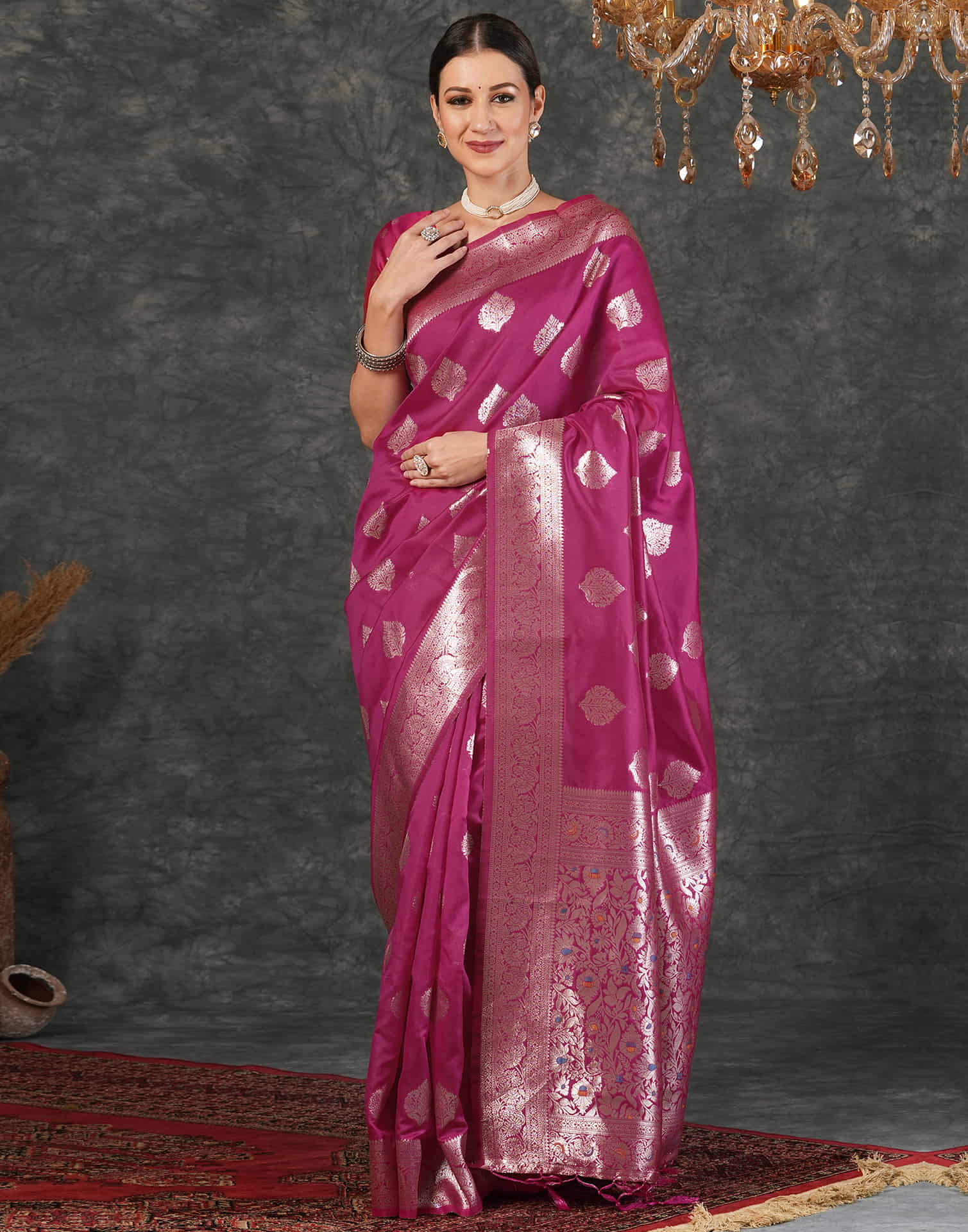 Dark Pink Silk Woven Banarasi Saree