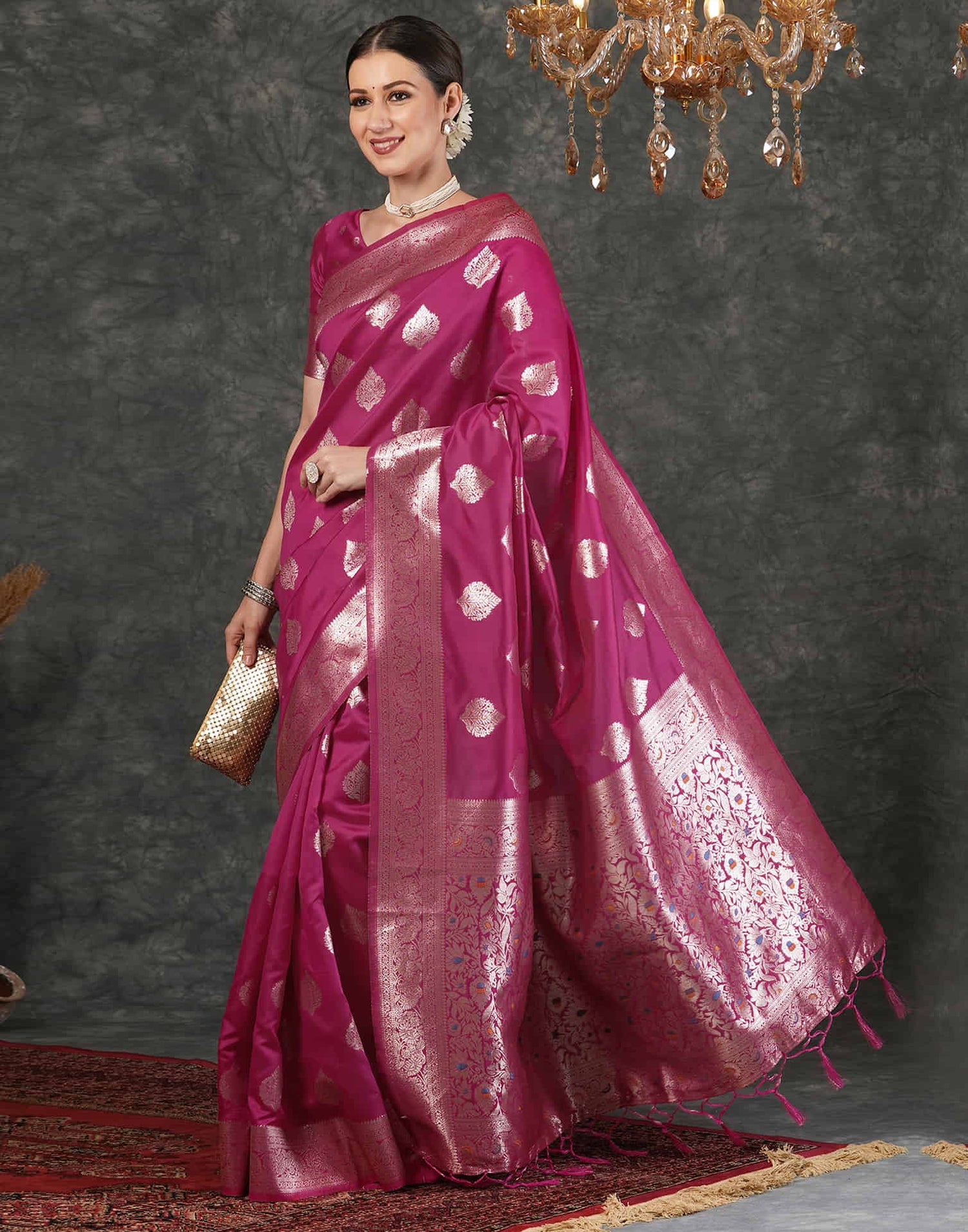 Dark Pink Silk Woven Banarasi Saree