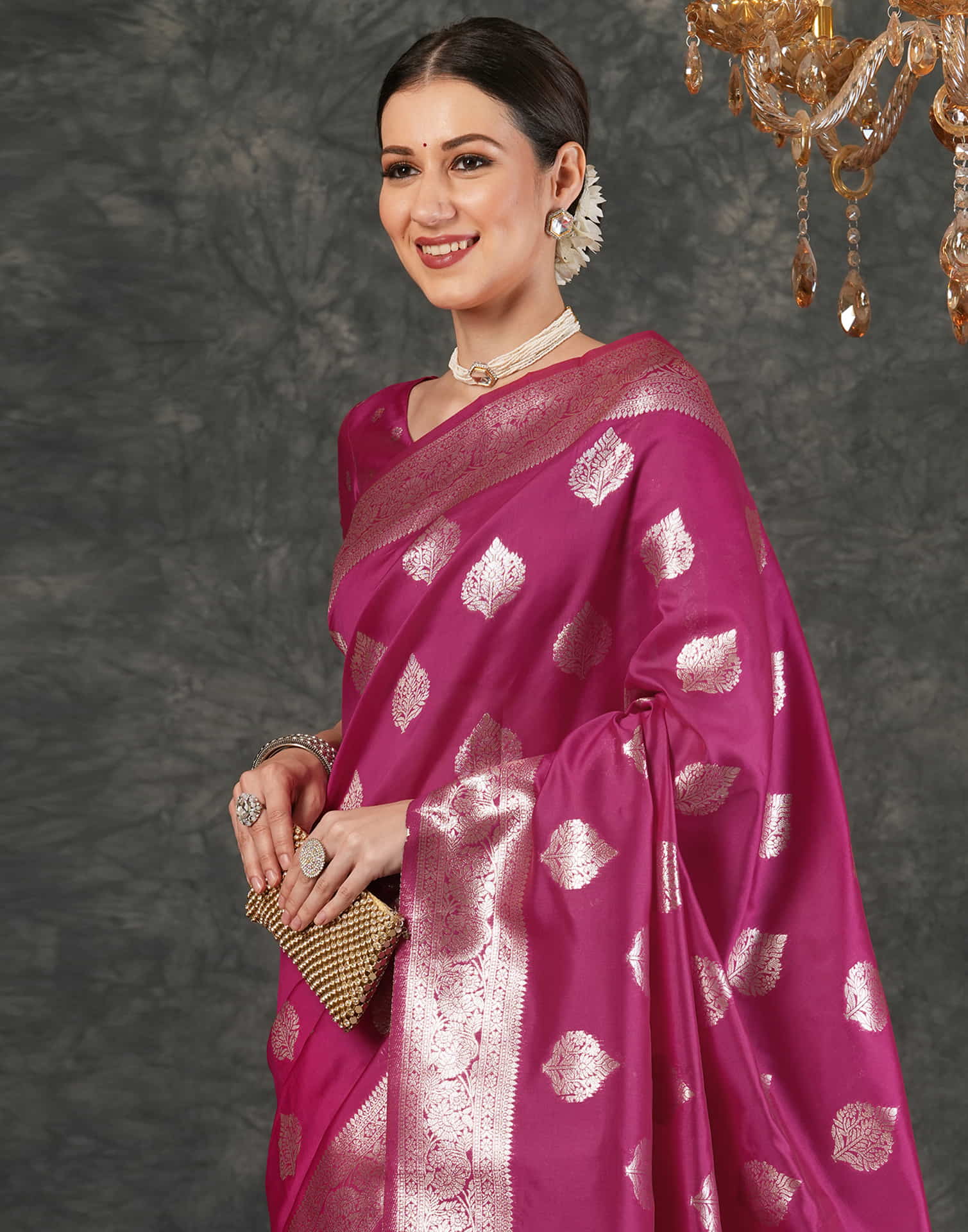 Dark Pink Silk Woven Banarasi Saree