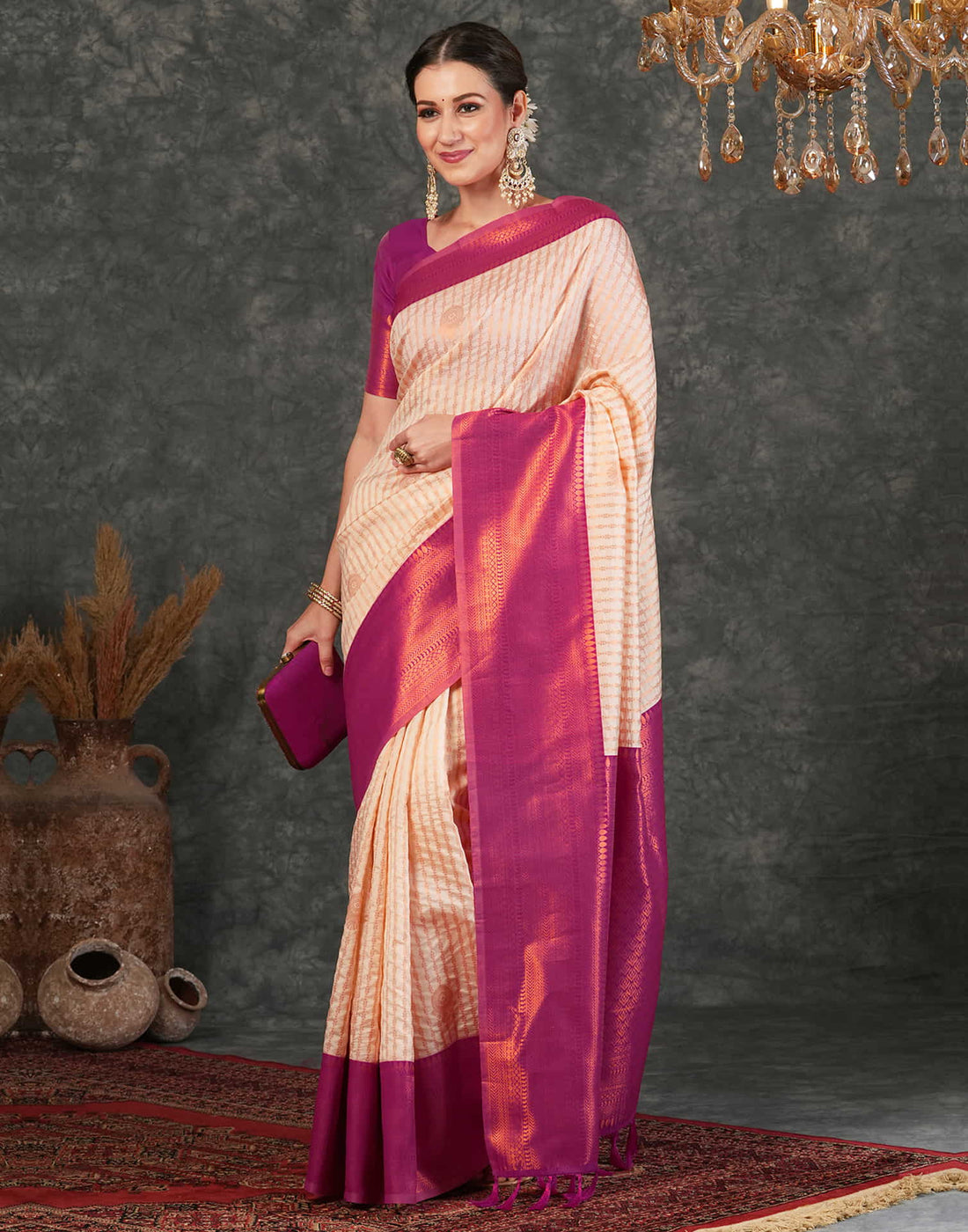 Cream Silk Woven Kanjivaram Saree