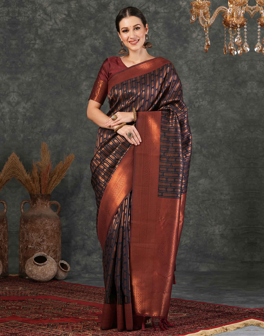 Navy Blue Silk Woven Kanjivaram Saree