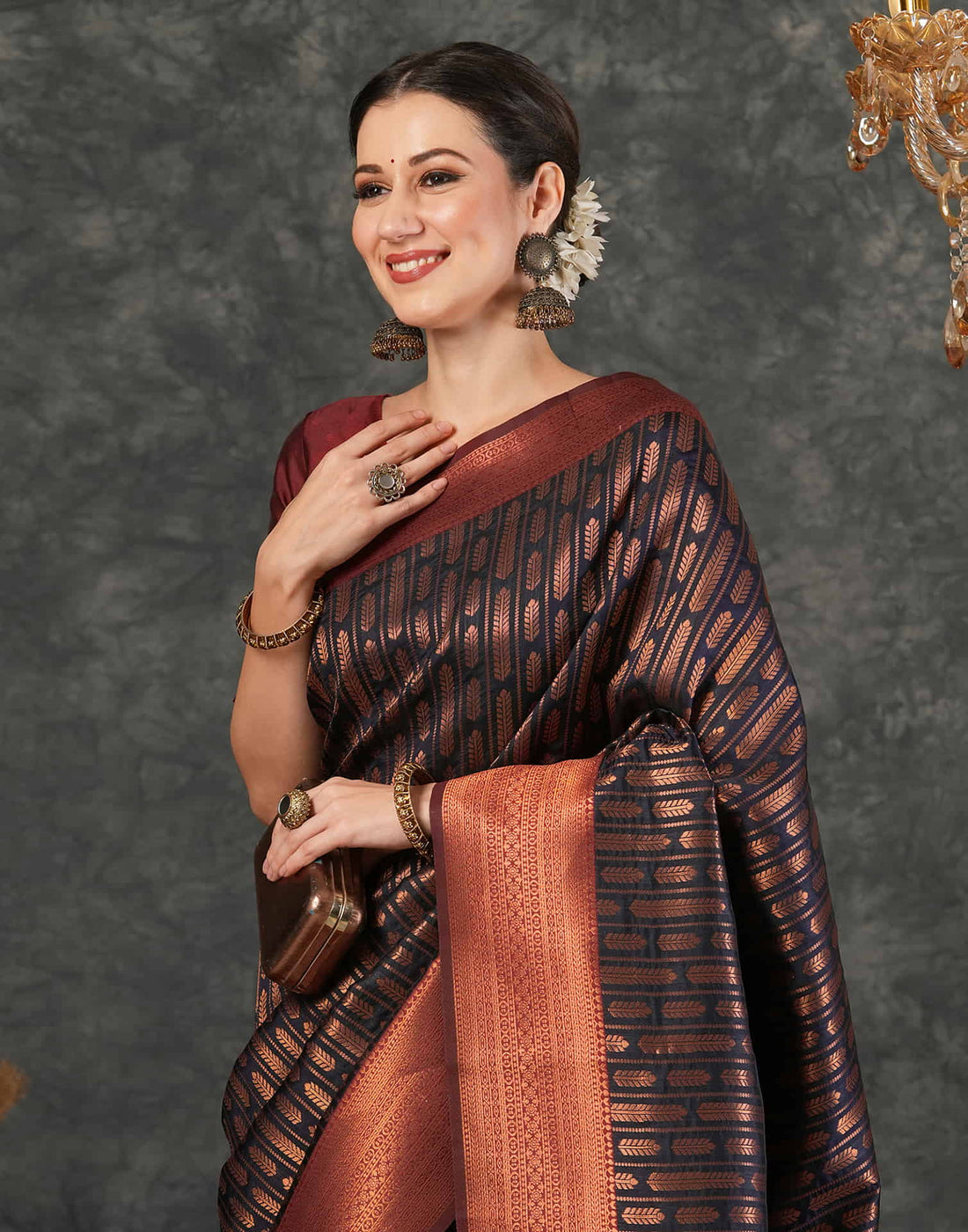 Navy Blue Silk Woven Kanjivaram Saree