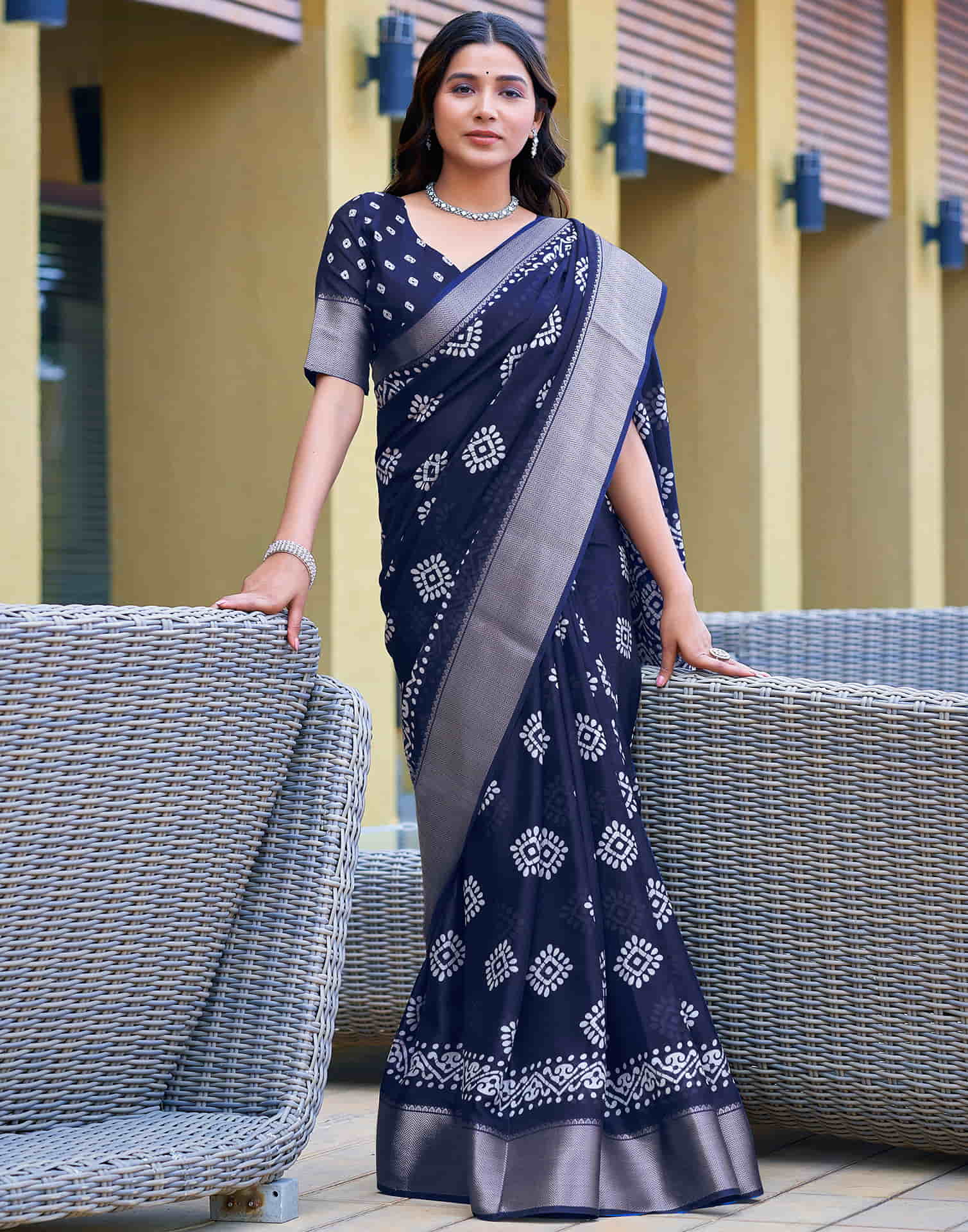 Navy Blue Cotton Printed Saree