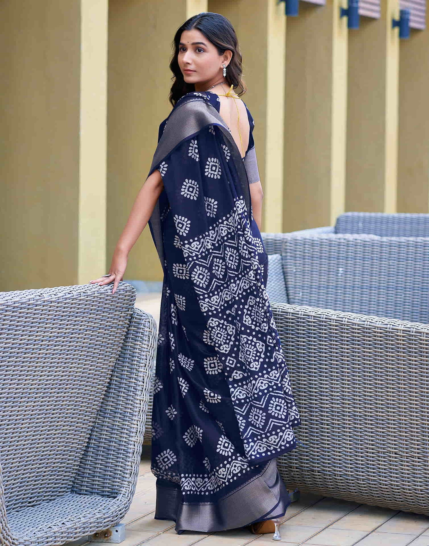 Navy Blue Cotton Printed Saree