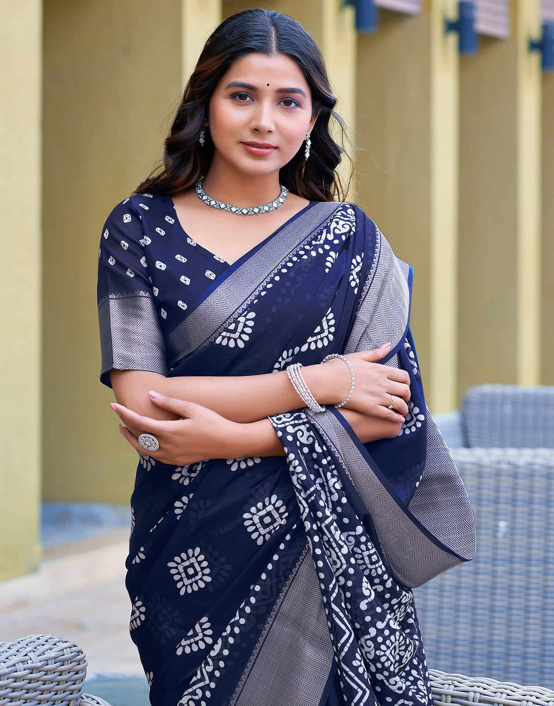 Navy Blue Cotton Printed Saree