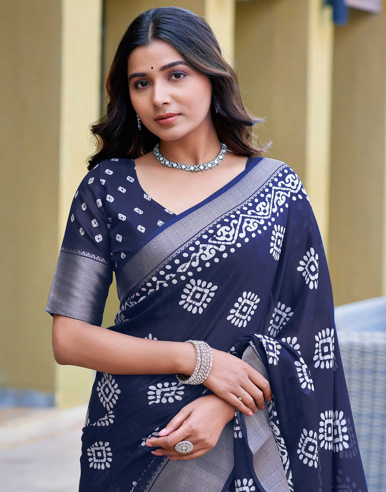 Navy Blue Cotton Printed Saree