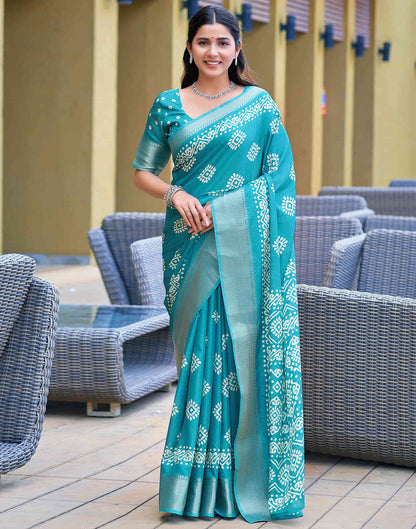 Turquoise Cotton Printed Saree