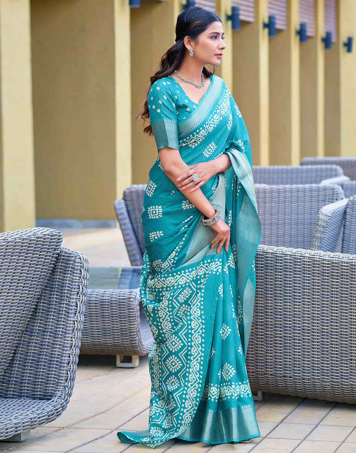 Turquoise Cotton Printed Saree