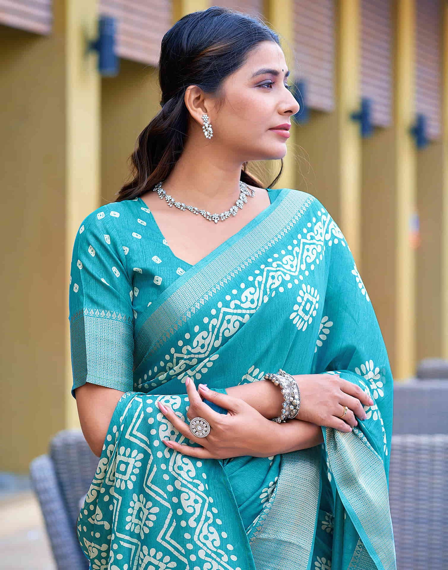 Turquoise Cotton Printed Saree